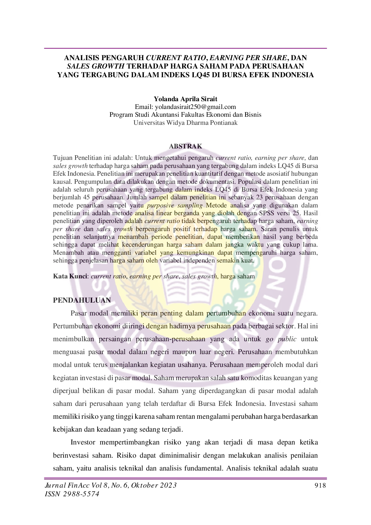 JURIS Analisis Pengaruh Current Ratio Earning Per Share Dan Sales Growth Terhadap Harga Saham Pada Perusahaan Yang Tergabung Dalam Indeks LQ45 Di Bursa Efek Indonesia