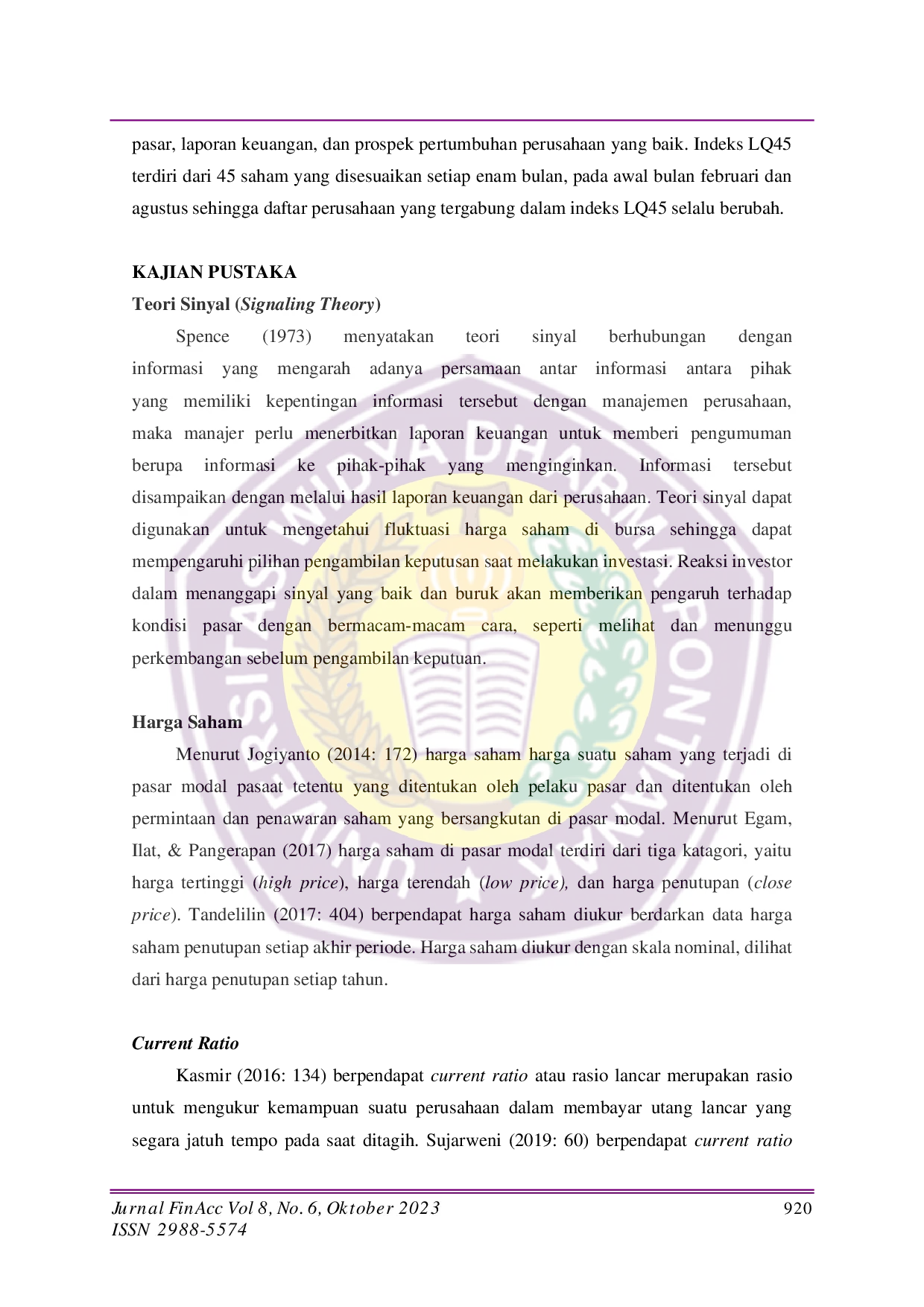 JURIS Analisis Pengaruh Current Ratio Earning Per Share Dan Sales Growth Terhadap Harga Saham Pada Perusahaan Yang Tergabung Dalam Indeks LQ45 Di Bursa Efek Indonesia