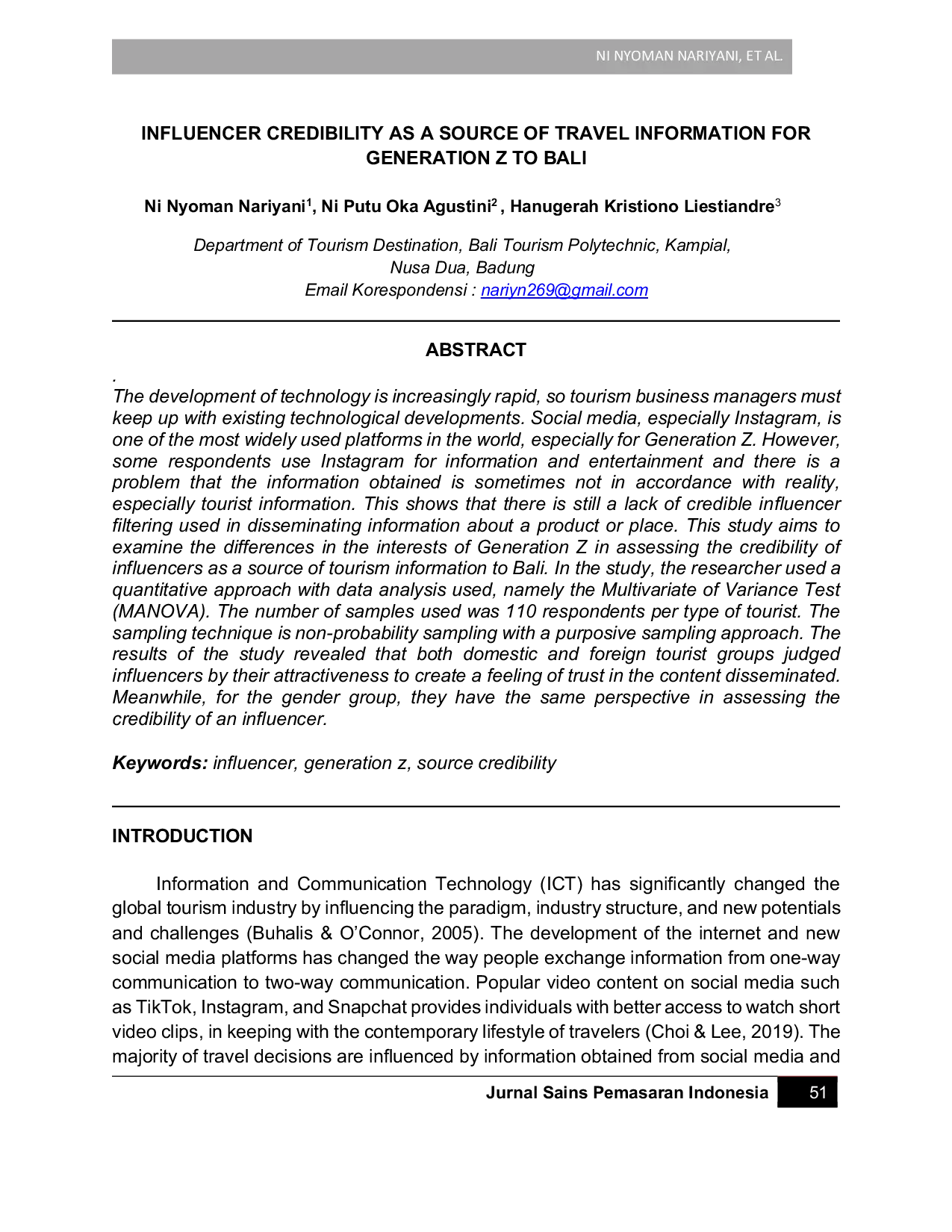 JURIS Influencer Credibility as A Source of Travel Information for Generation Z to Bali