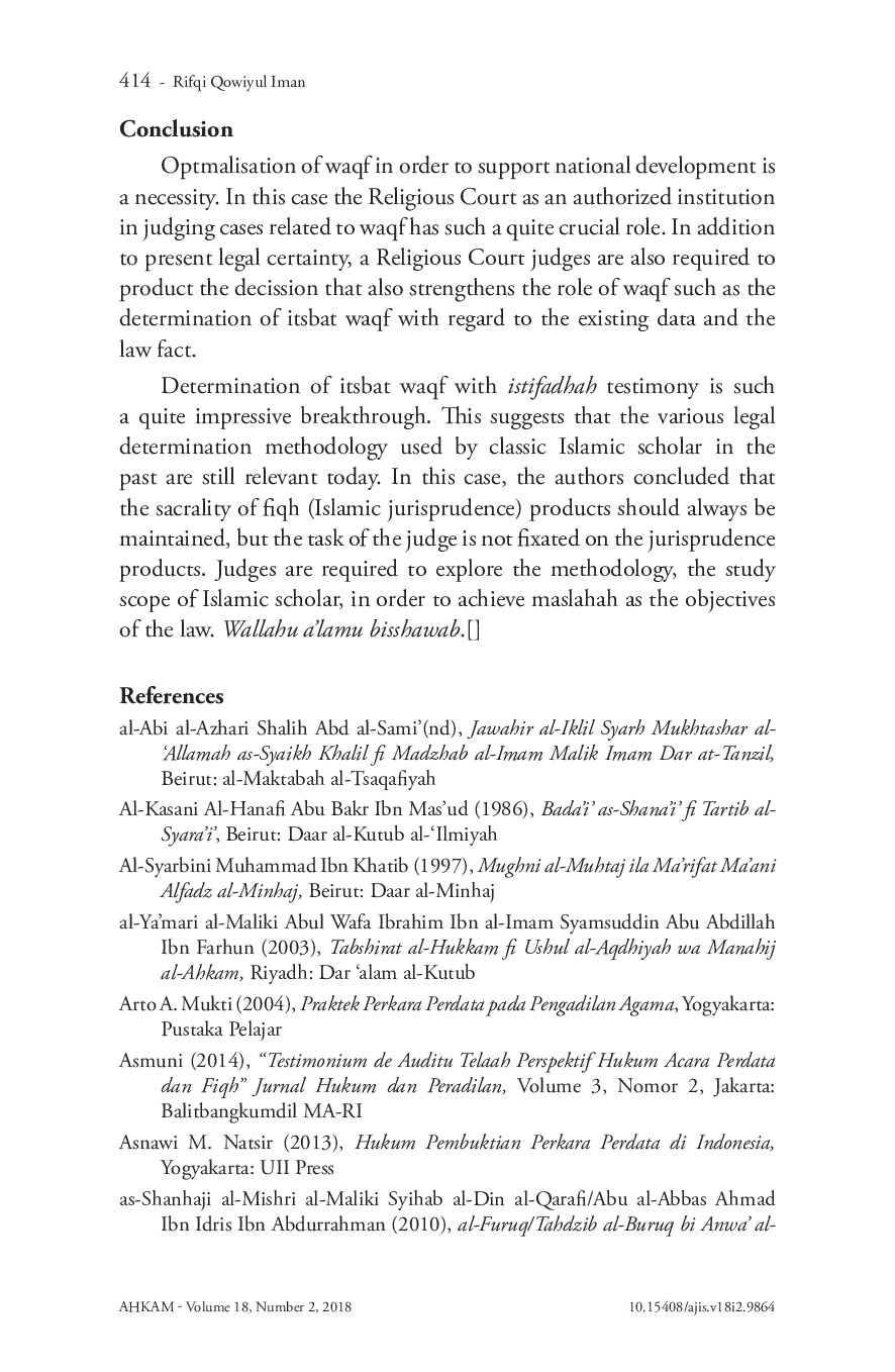 juris The competence of Religious Court in Indonesia and Syahadah Istifadhah Testimonium De auditu in Case of Itsbat Waqf