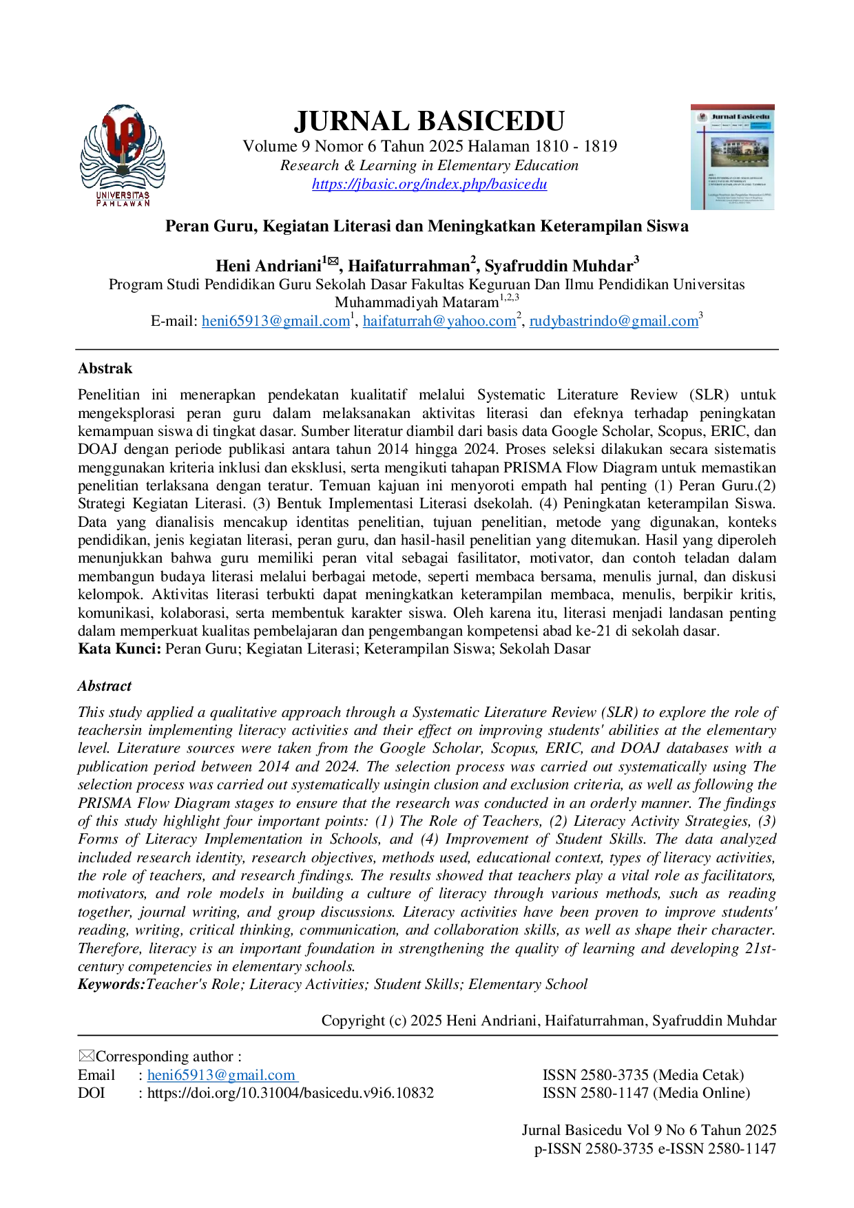 JURIS Peran Guru Kegiatan Literasi dan Meningkatkan Keterampilan Siswa