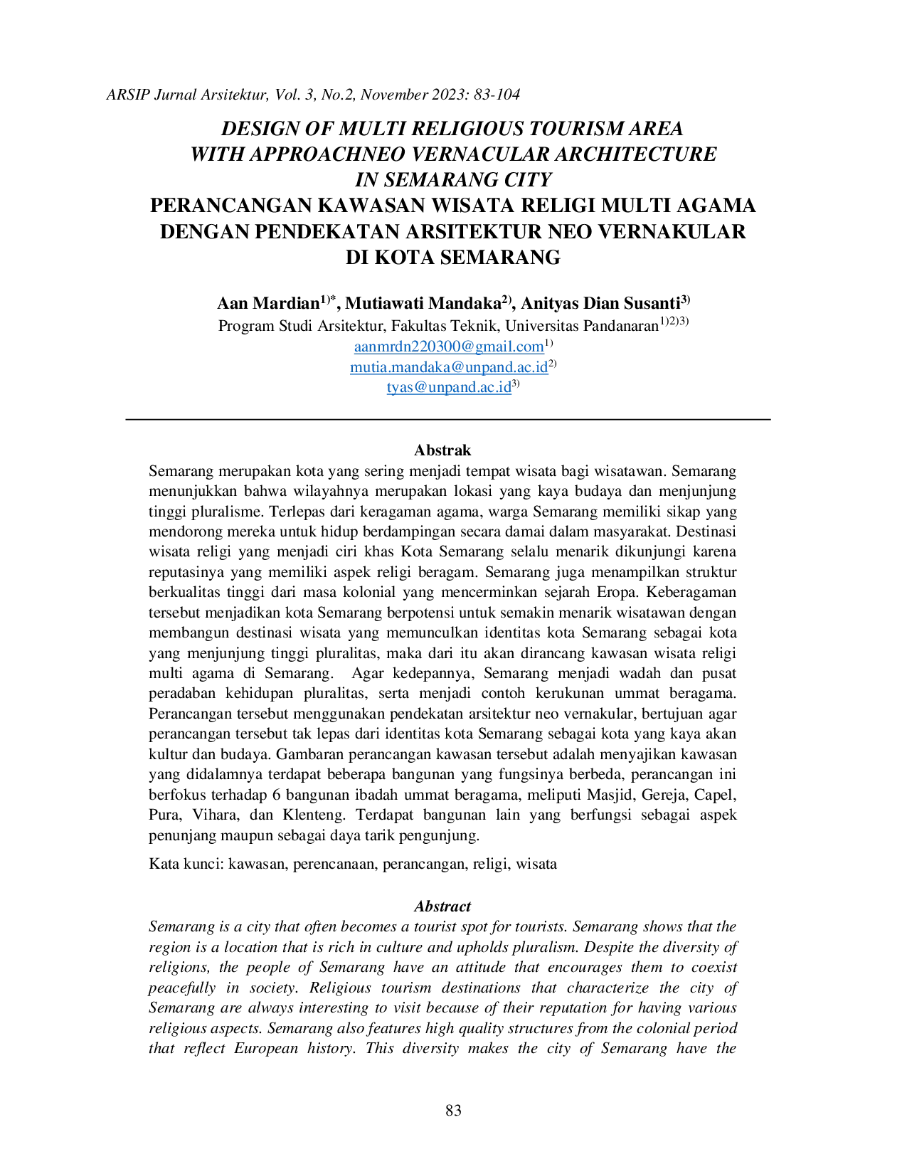 juris Perancangan Kawasan Wisata Religi Multi Agama Dengan Pendekatan Arsitektur Neo Vernakular Di Kota Semarang