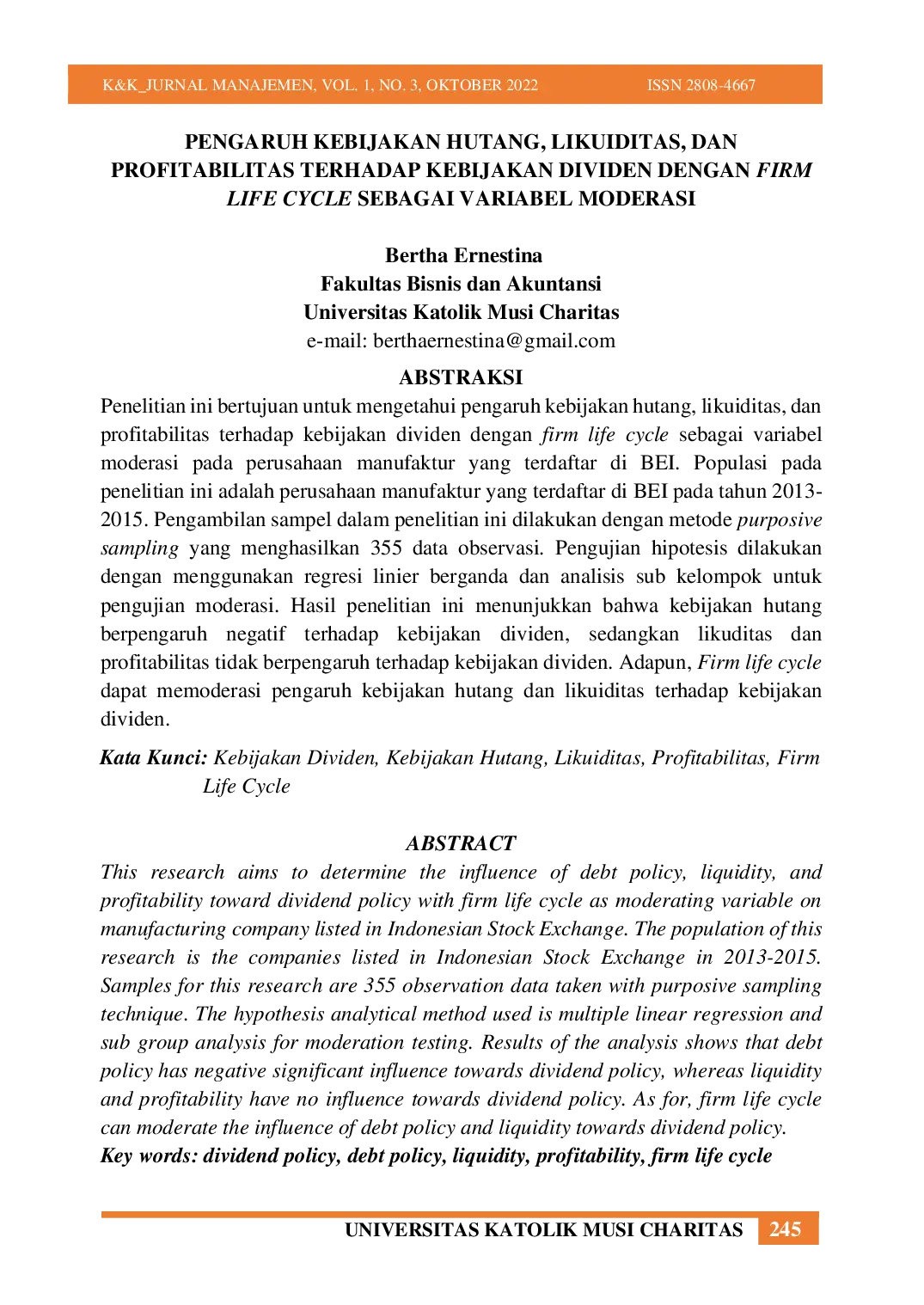 JURIS Pengaruh Kebijakan Hutang Likuiditas Dan Profitabilitas Terhadap Kebijakan Dividen Dengan Firm Life Cycle Sebagai Variabel Moderasi