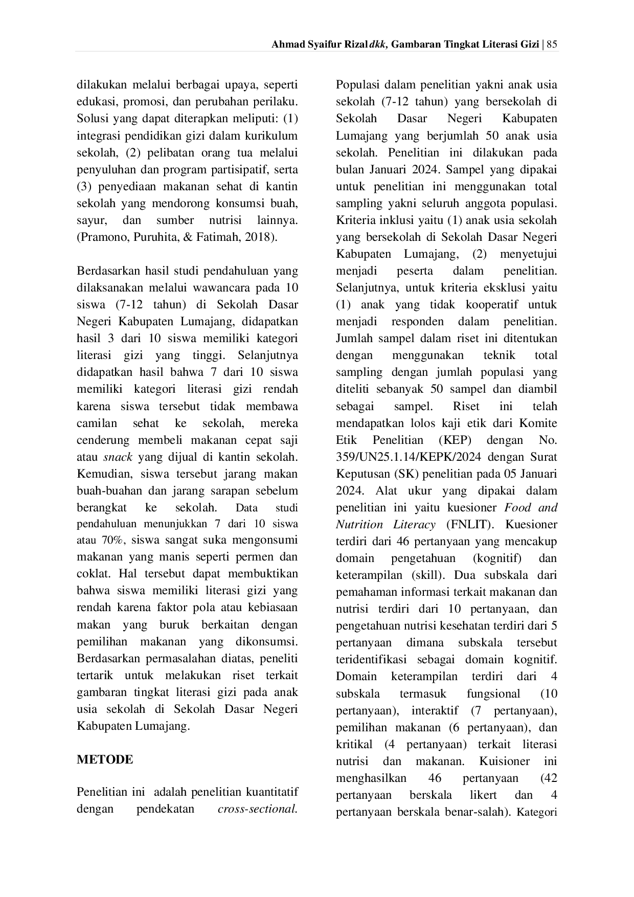 JURIS Gambaran Tingkat Literasi Gizi pada Anak Usia Sekolah di SDN Tanggung 02 Lumajang