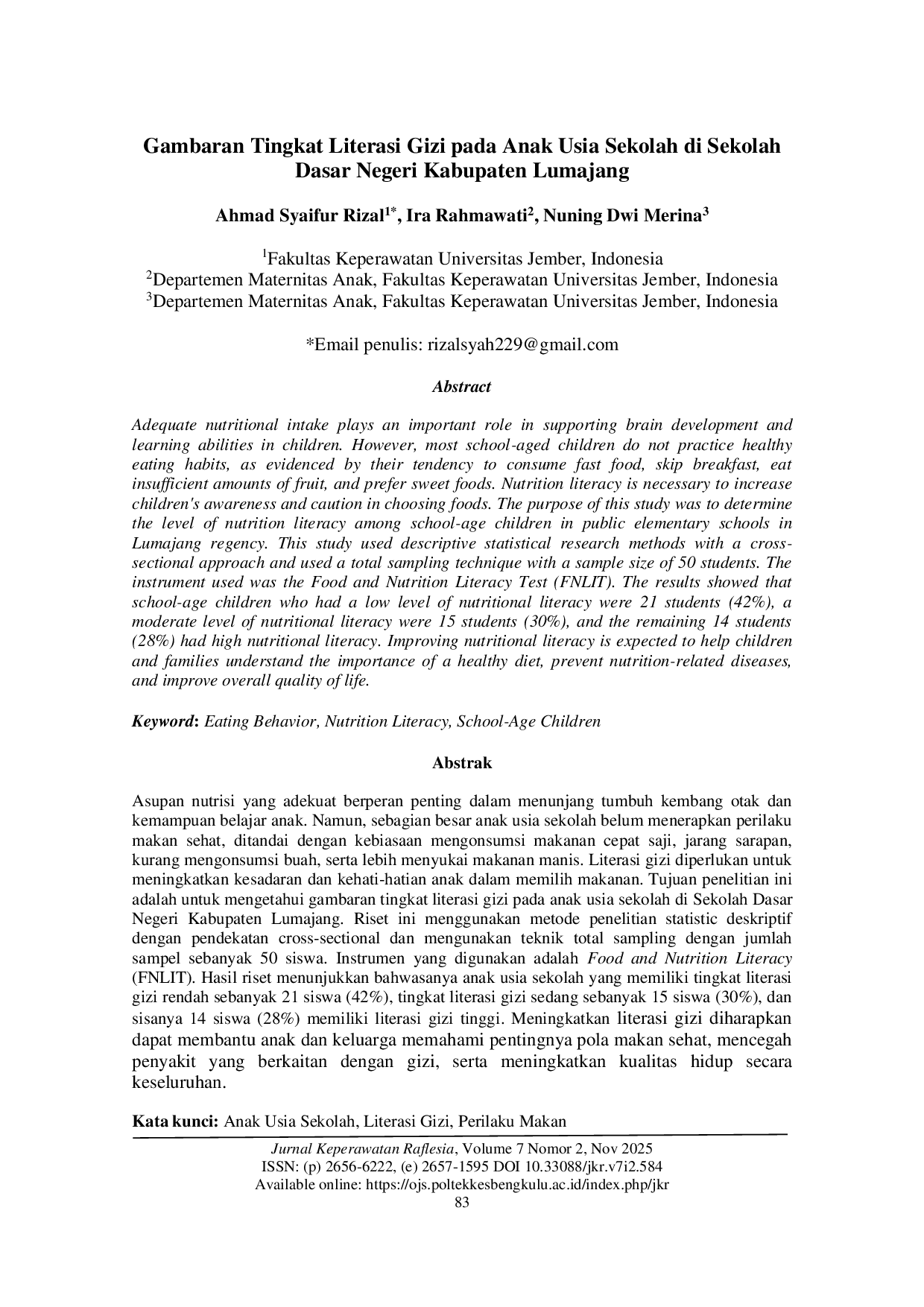 JURIS Gambaran Tingkat Literasi Gizi pada Anak Usia Sekolah di SDN Tanggung 02 Lumajang