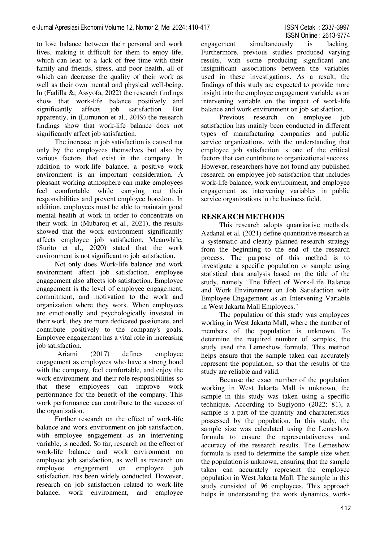 JURIS INFLUENCE OF WORK LIFE BALANCE AND WORK ENVIRONMENT ON JOB SATISFACTION WITH EMPLOYEE ENGAGEMENT IN WEST JAKARTA MALLS