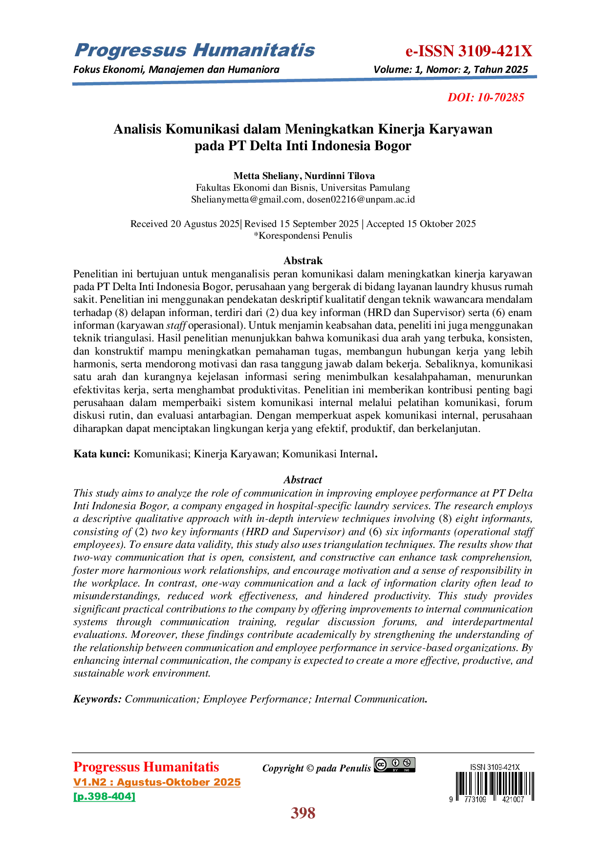 JURIS Analisis Komunikasi Dalam Meningkatkan Kinerja Karyawan Pada PT Delta Inti Indonesia Bogor