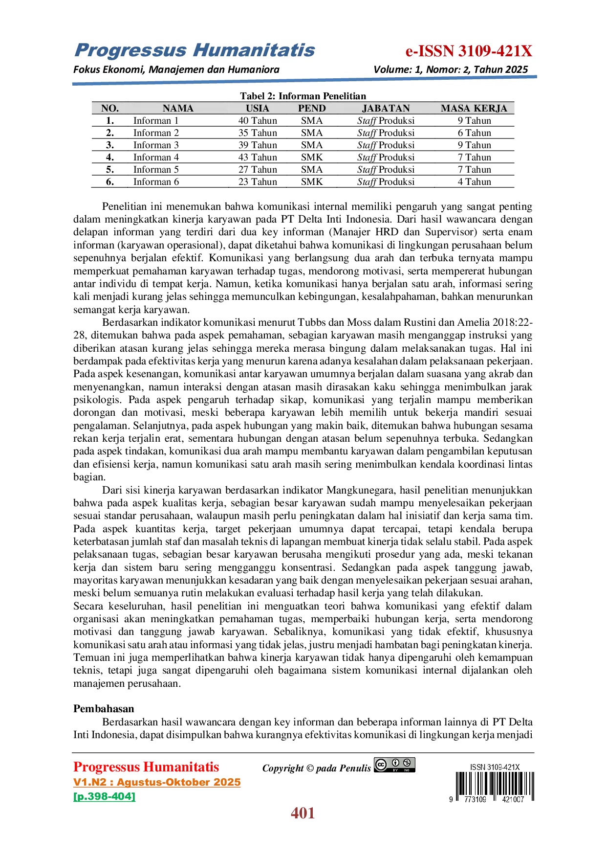 JURIS Analisis Komunikasi Dalam Meningkatkan Kinerja Karyawan Pada PT Delta Inti Indonesia Bogor