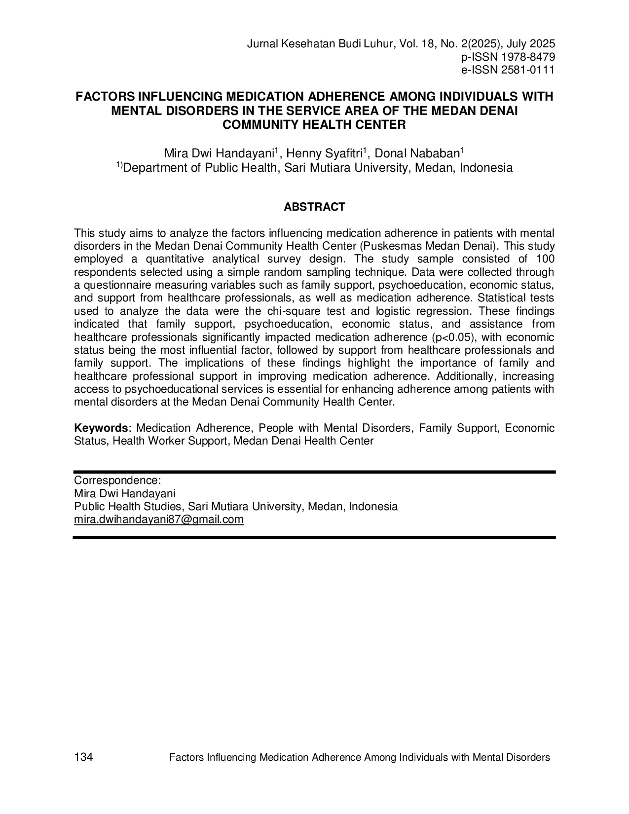 JURIS Factors Influencing Medication Adherence Among Individuals with Mental Disorders in The Service Area of The Medan Denai Community Health Center