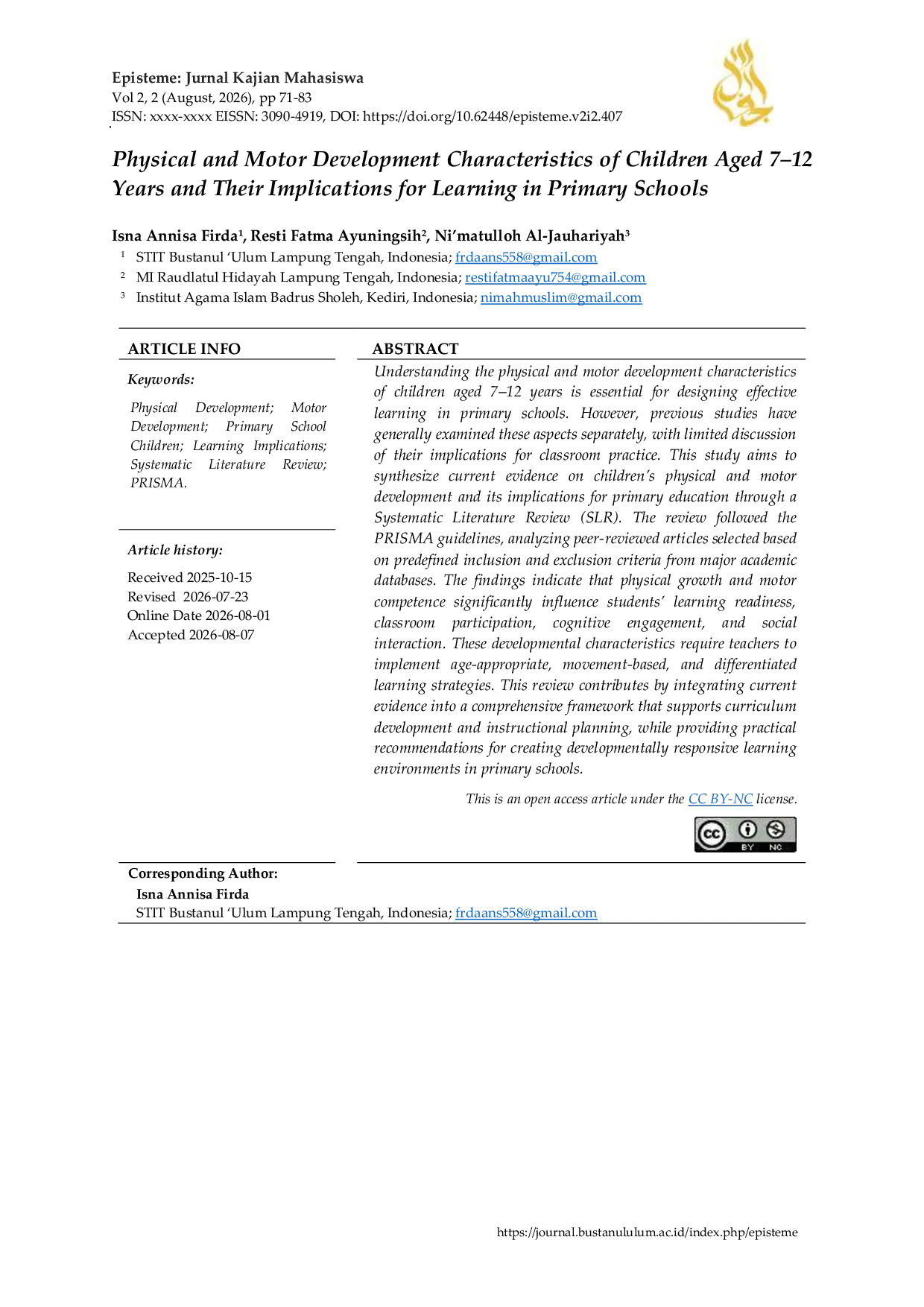 JURIS Physical and Motor Development Characteristics of Children Aged 7 12 Years and Their Implications for Learning in Primary Schools