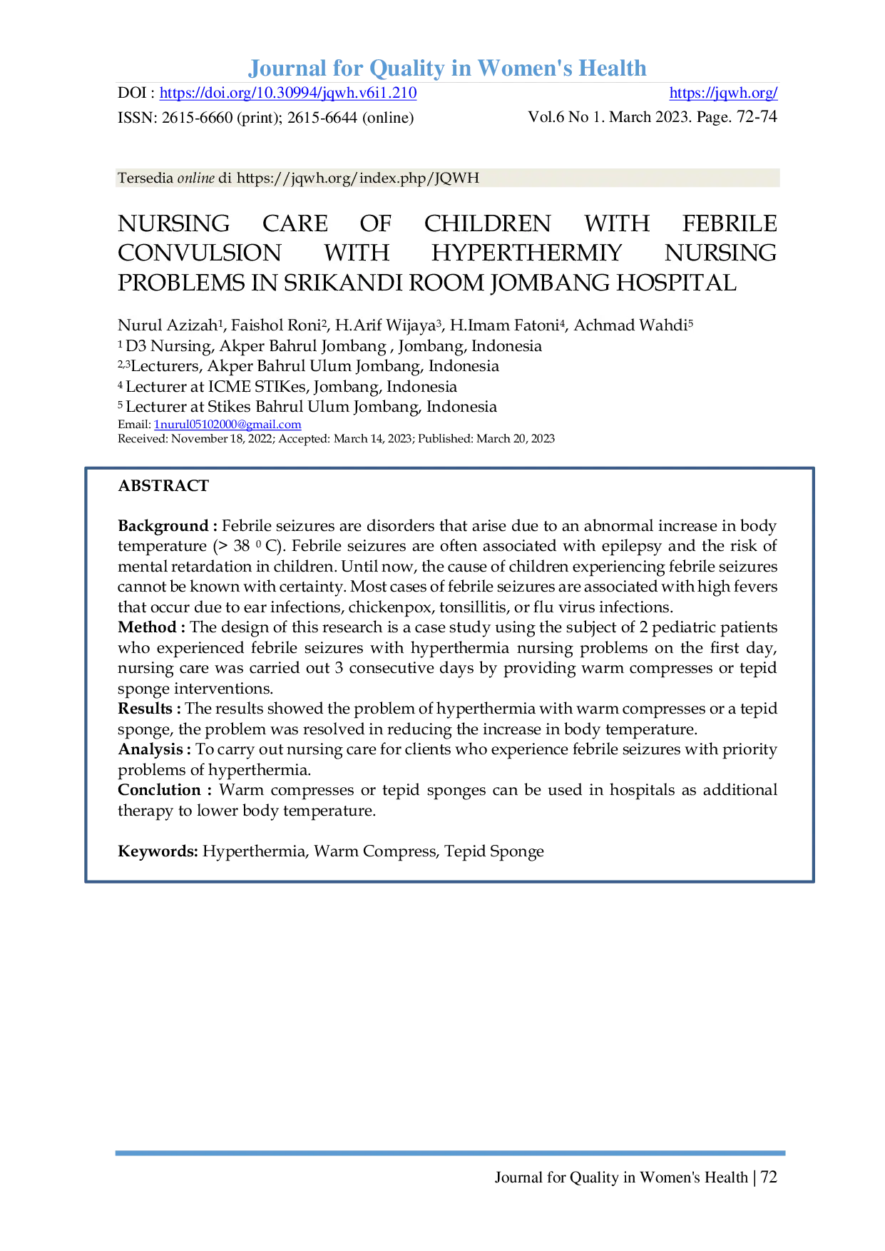 JURIS Nursing Care Of Children With Febrile Convulsion With Hyperthermia Nursing Problems In Srikandi Room Jombang Hospital