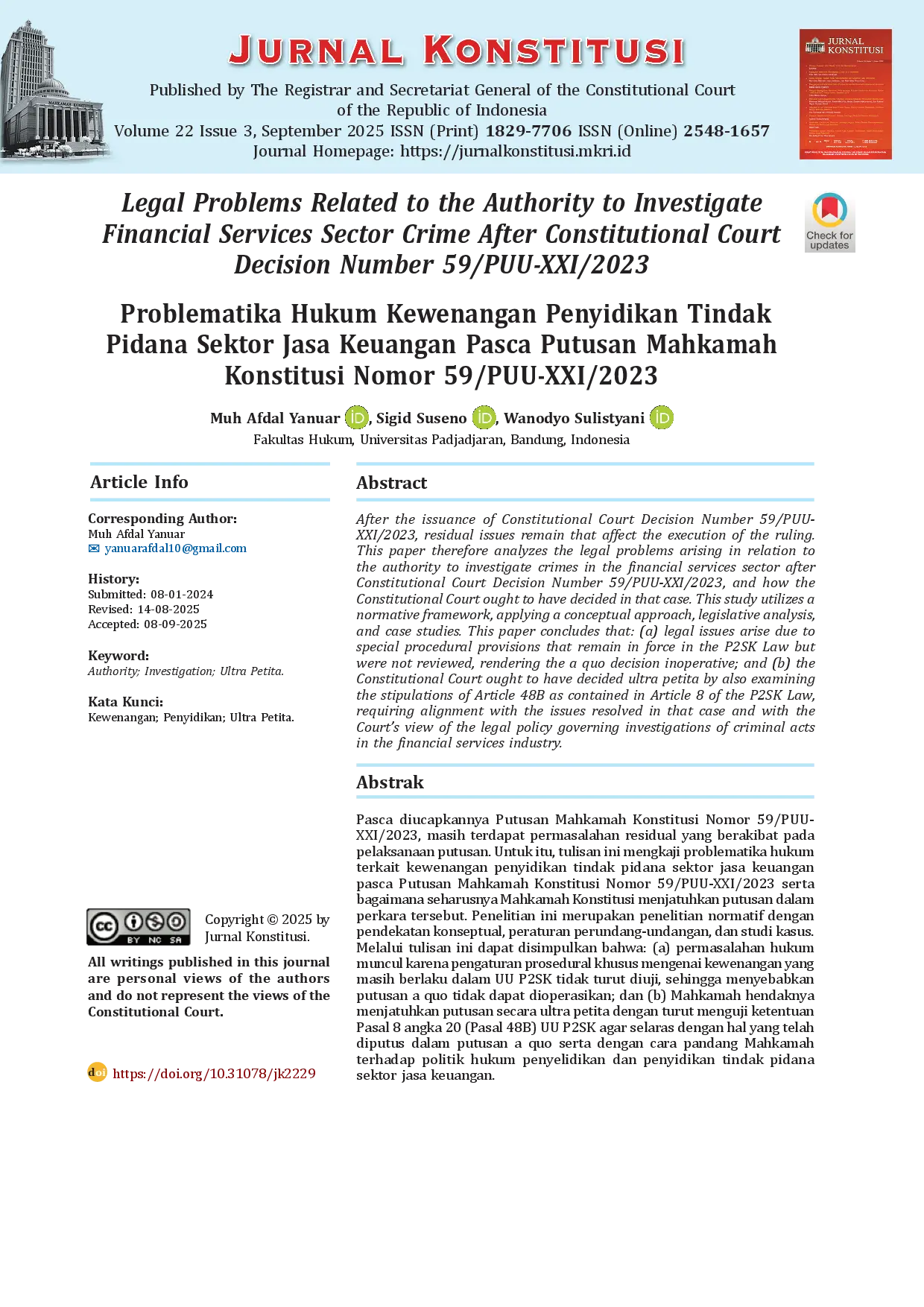 juris Legal Problems Related to the Authority to Investigate Financial Services Sector Crime After Constitutional Court Decision Number 59 PUU XXI 2023 Problematika Hukum Kewenangan Penyidikan Tindak Pidan
