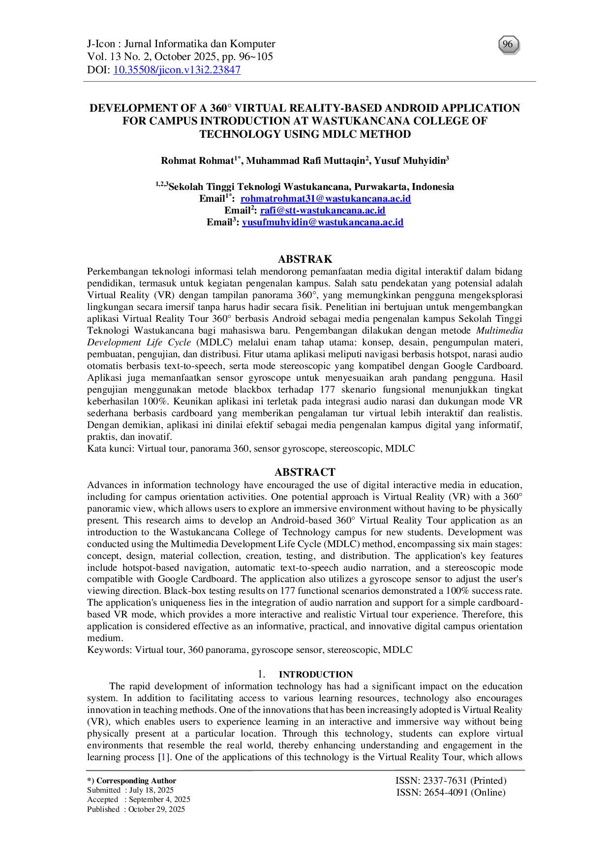 JURIS Development of a 360 Virtual Reality Based Android Application for Campus Introduction at Wastukancana College of Technology Using MDLC Method