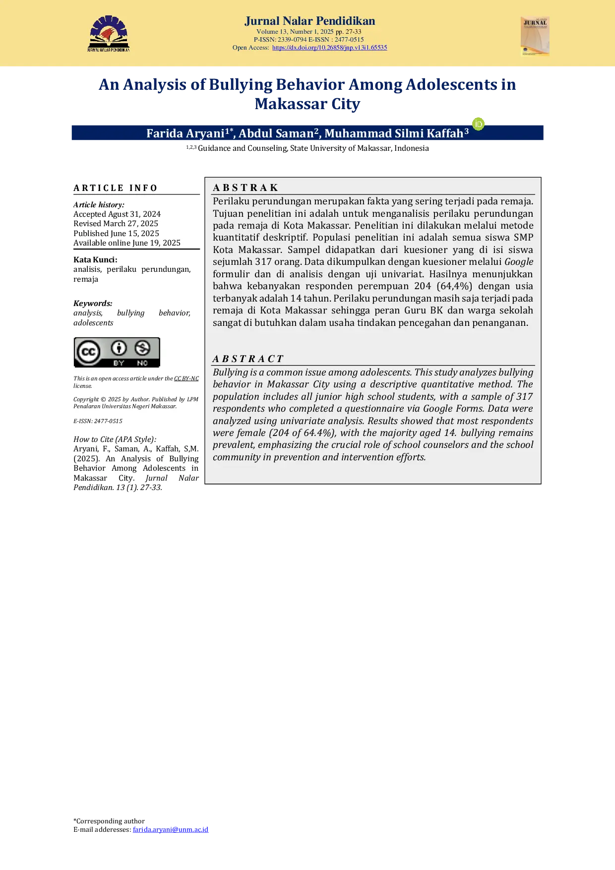 JURIS An Analysis of Bullying Behavior Among Adolescents in Makassar City