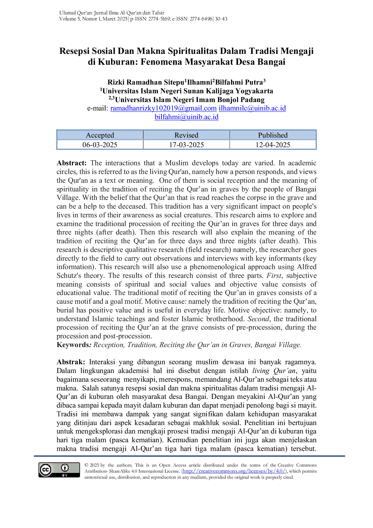 JURIS Resepsi Sosial Dan Makna Spiritualitas Dalam Tradisi Mengaji Di Kuburan Fenomenologi Masyarakat Desa Bangai Social Reception and the Meaning of Spirituality in the Tradition of Studying in Graves P