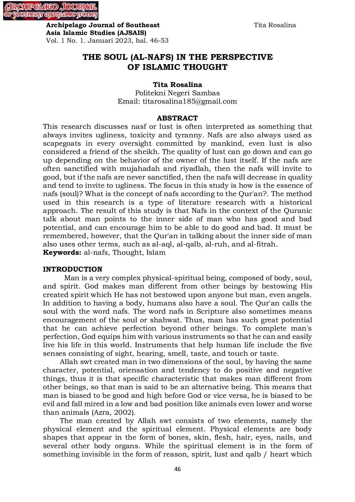 JURIS The Soul Al Nafs in the Perspective of Islamic Thought