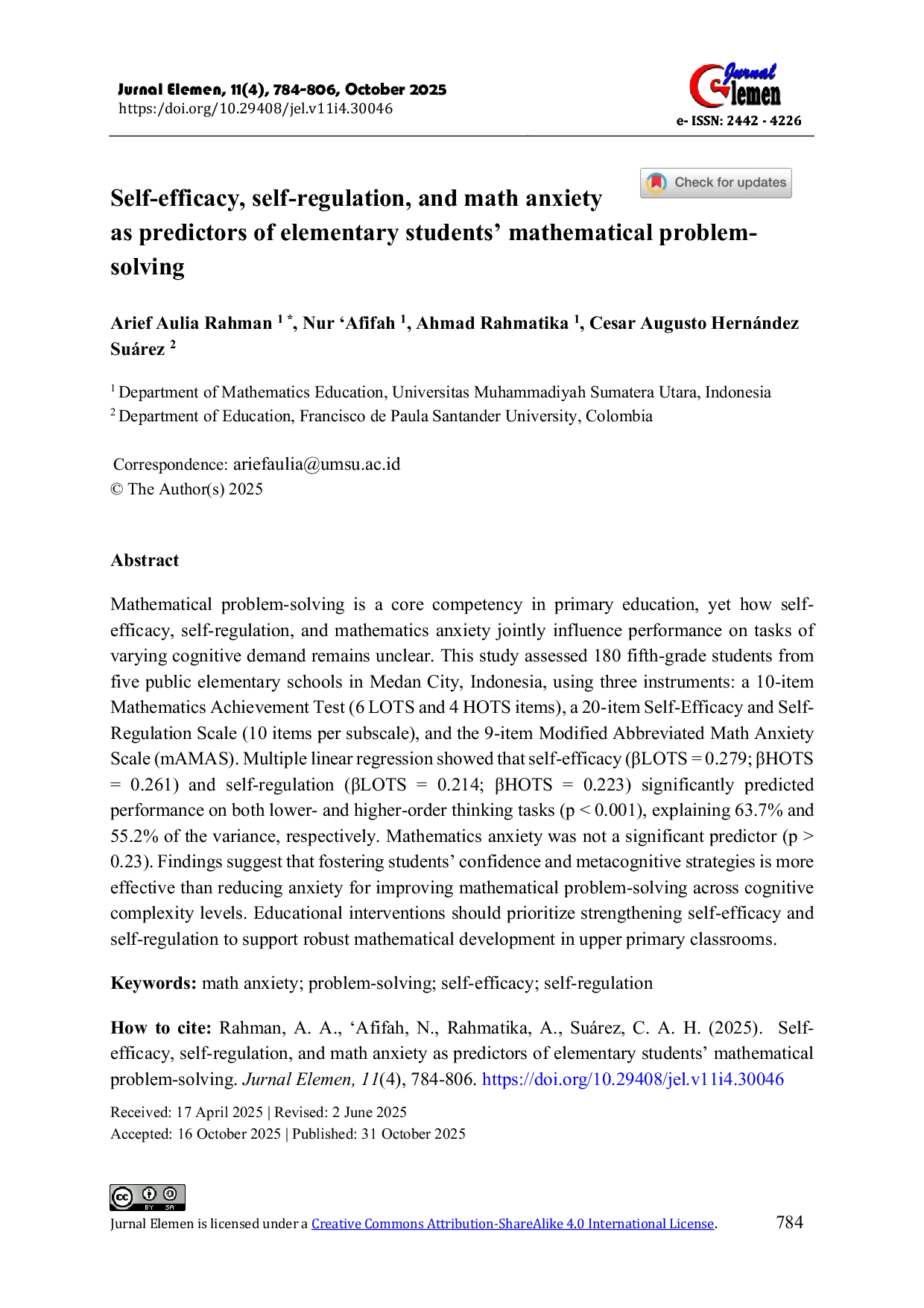 JURIS Self efficacy self regulation and math anxiety as predictors of elementary students mathematical problem solving