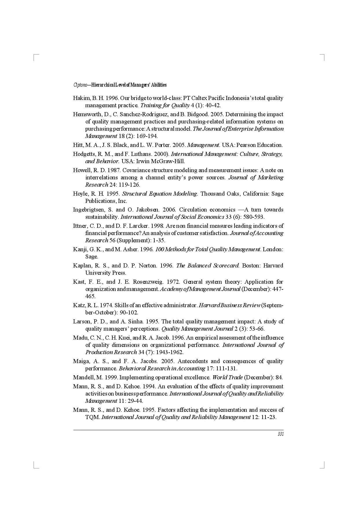 juris Hierarchical level oF managers abilities A Moderator between Quality Management Practices and Company Financial Performance