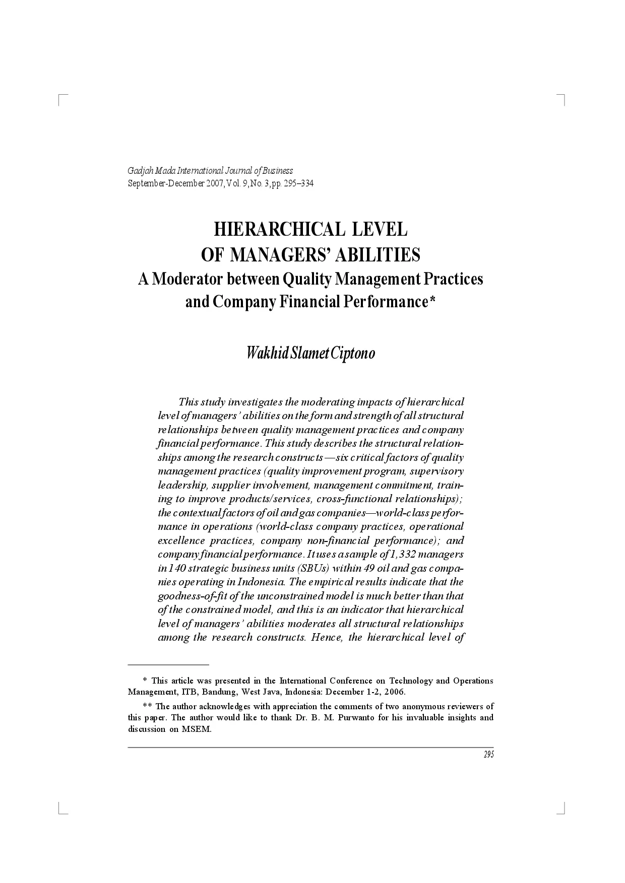 juris Hierarchical level oF managers abilities A Moderator between Quality Management Practices and Company Financial Performance