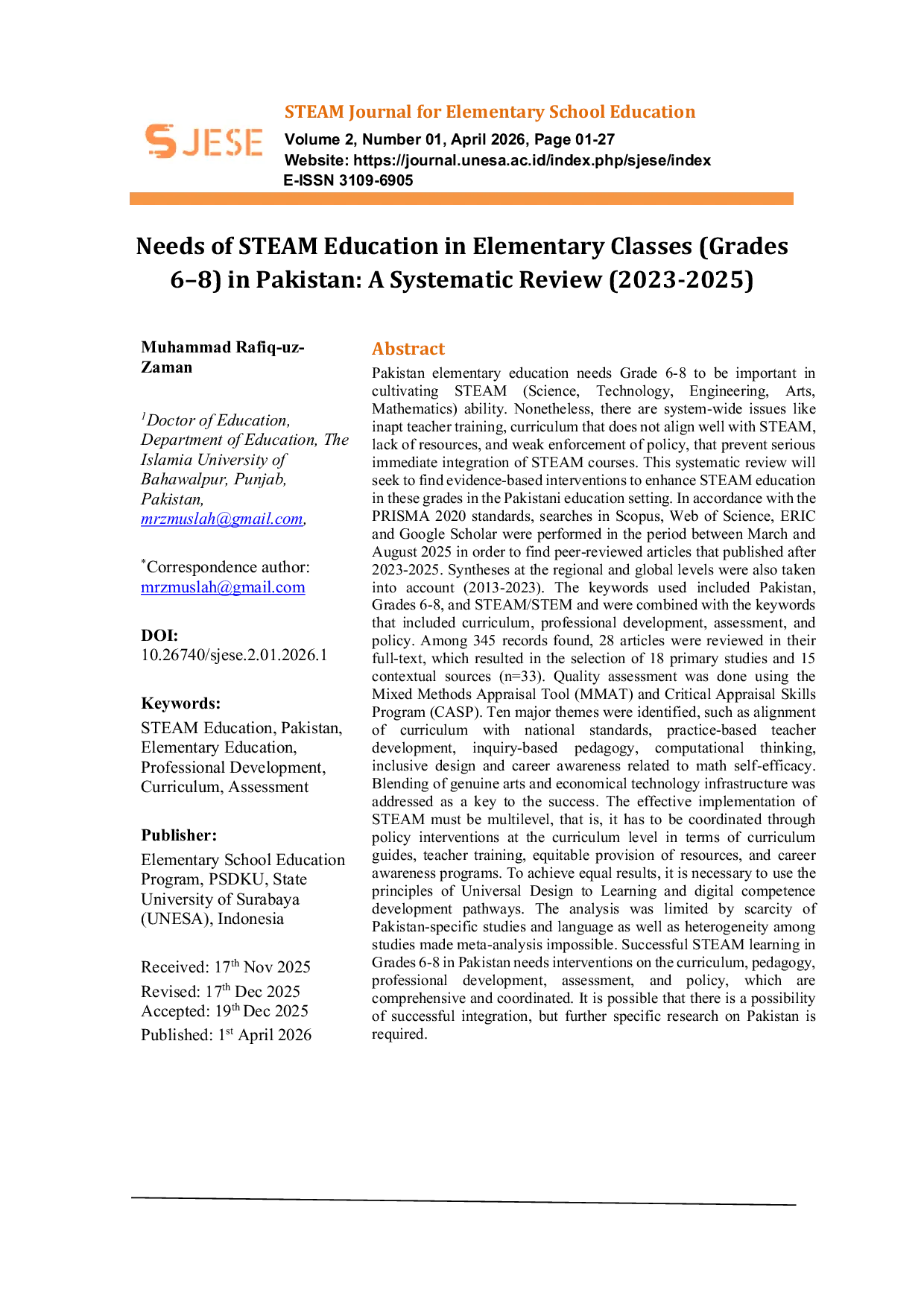 JURIS Needs of STEAM Education in Elementary Classes Grades 6 8 in Pakistan A Systematic Review 2023 2025