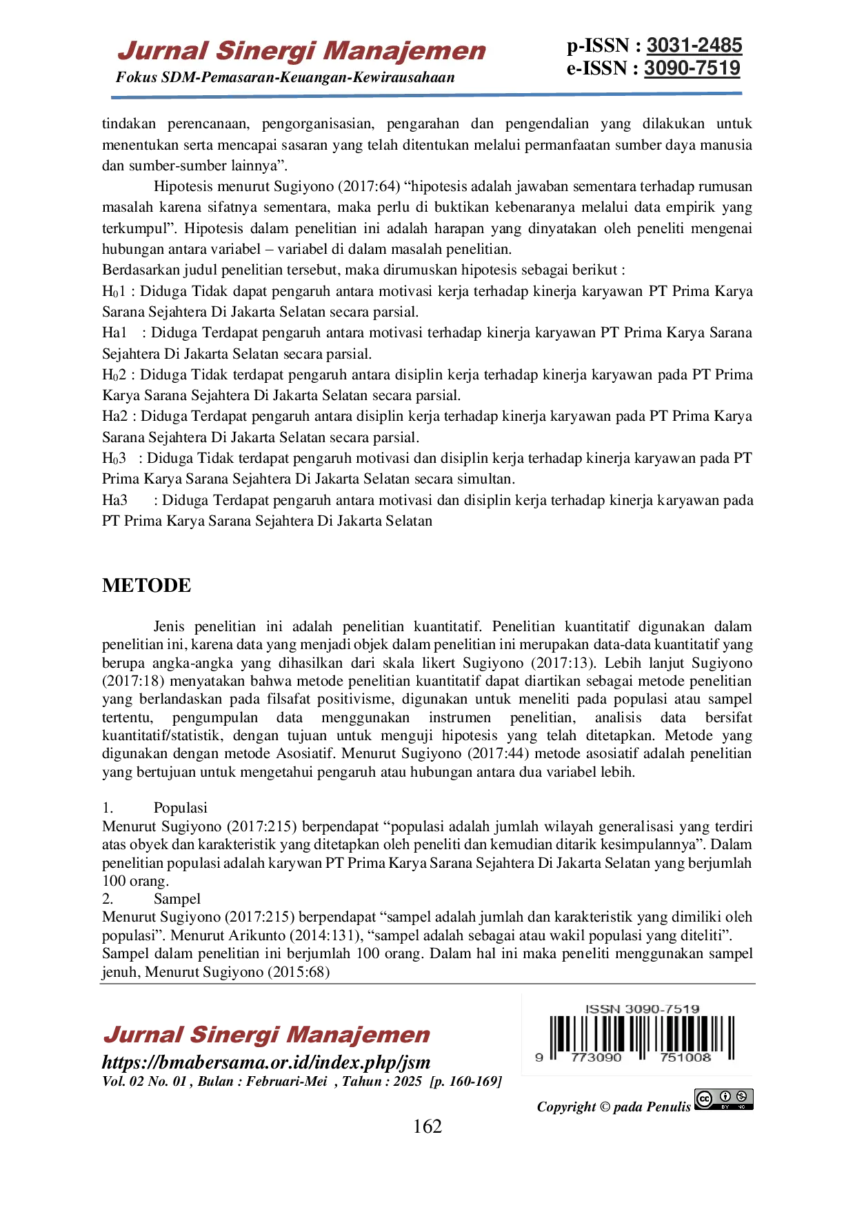 JURIS Pengaruh Motivasi dan Disiplin Kerja terhadap Kinerja Karyawan PT Prima Karya Sarana Sejahtera di Jakarta Selatan