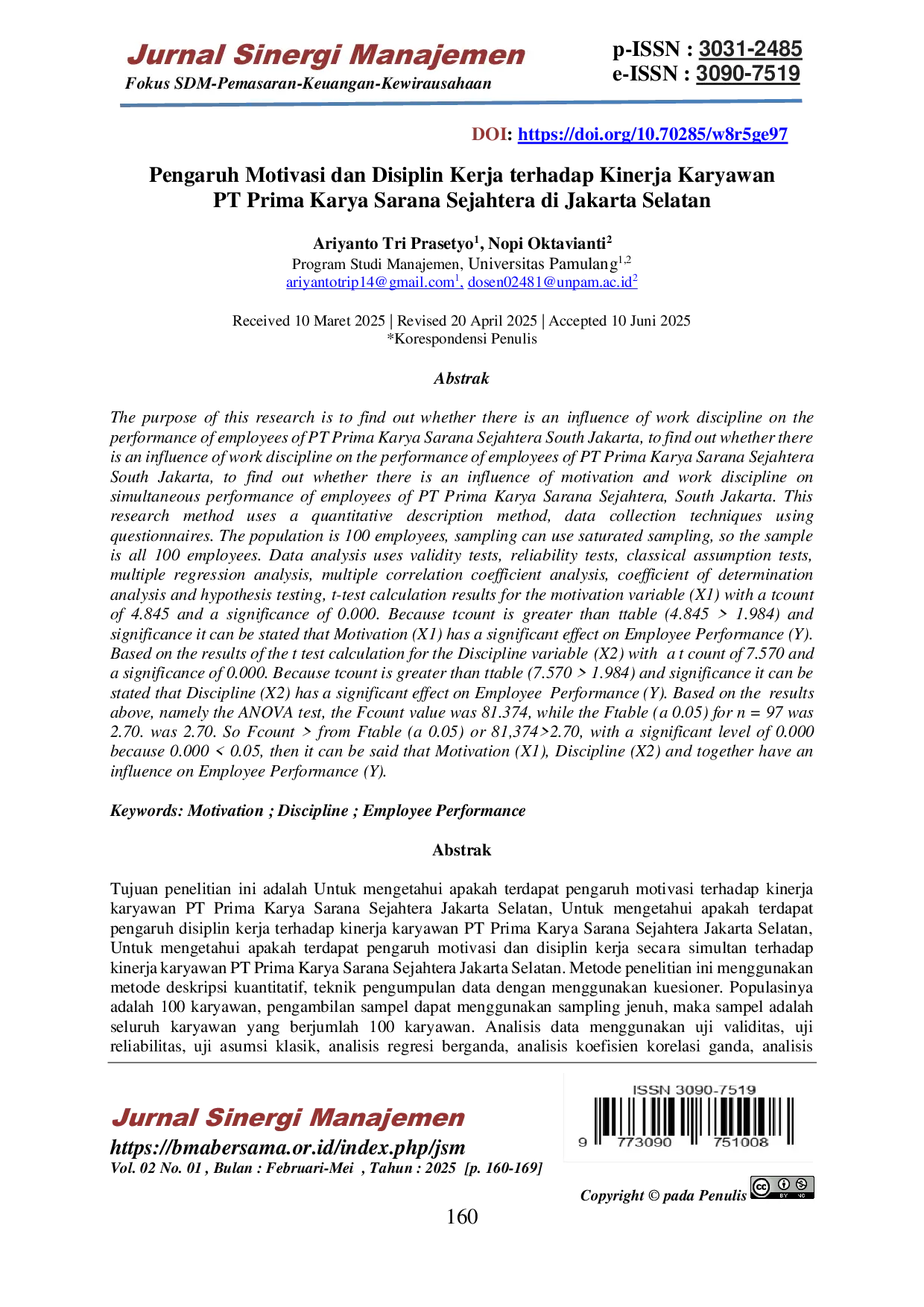 JURIS Pengaruh Motivasi dan Disiplin Kerja terhadap Kinerja Karyawan PT Prima Karya Sarana Sejahtera di Jakarta Selatan