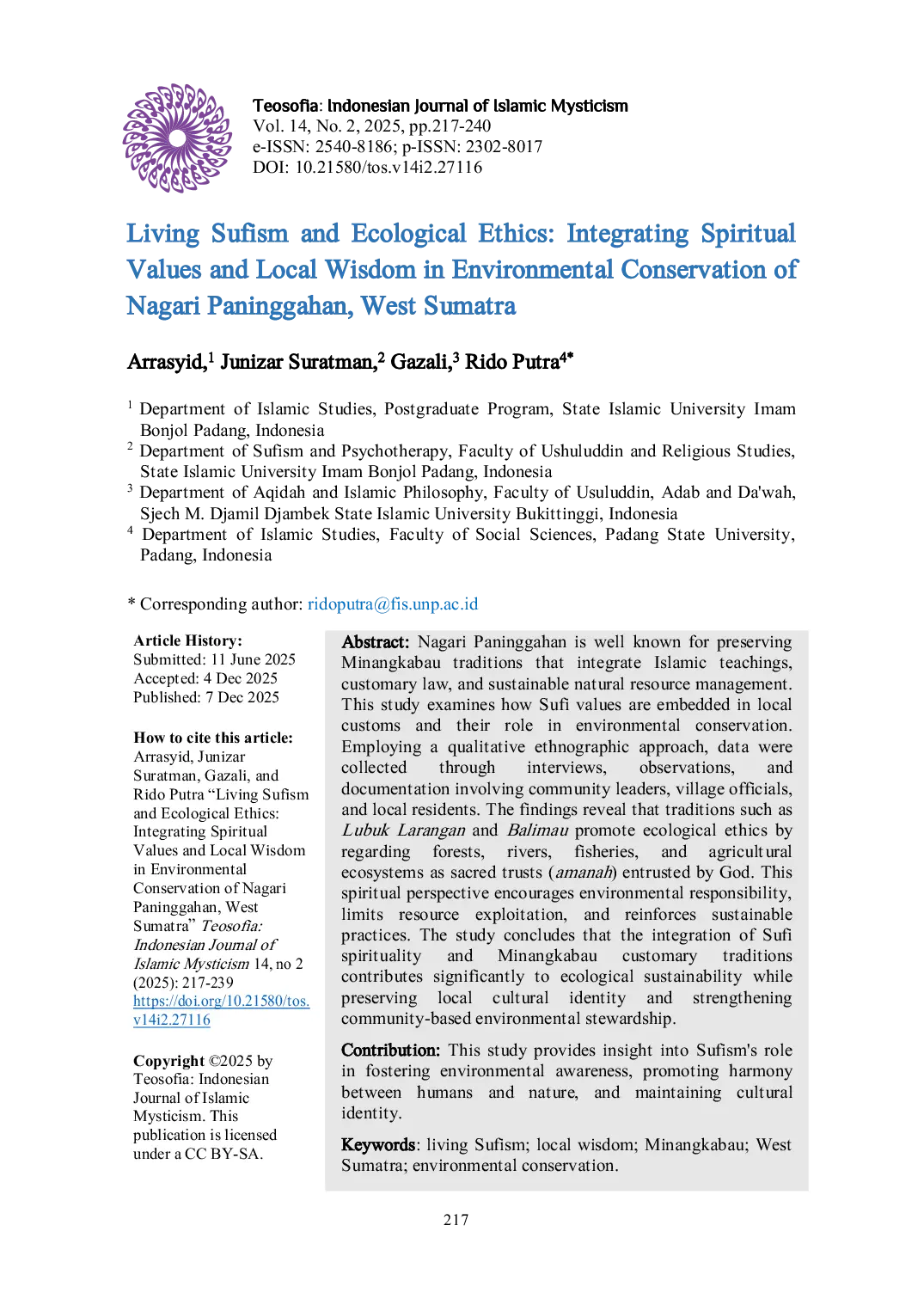 JURIS Living Sufism and Ecological Ethics Integrating Spiritual Values and Local Wisdom in Environmental Conservation of Nagari Paninggahan West Sumatra
