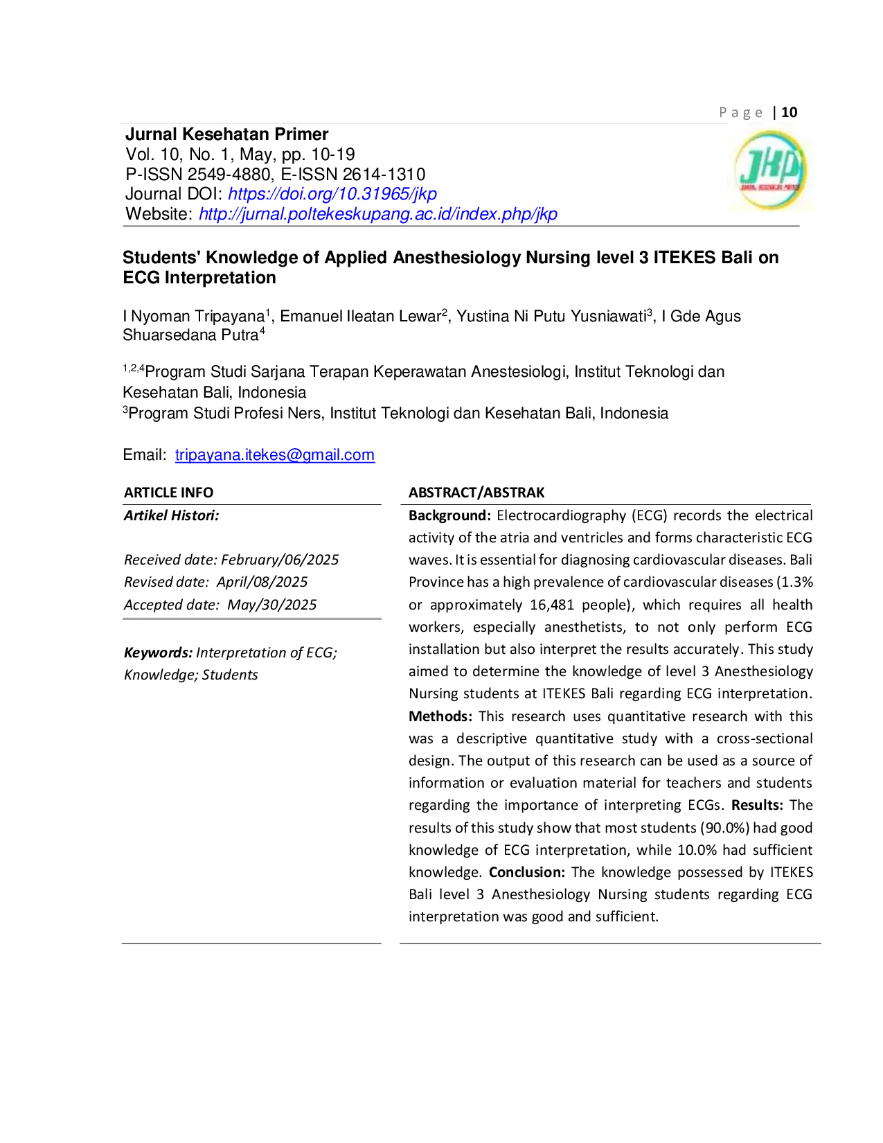 JURIS Students Knowledge of Applied Anesthesiology Nursing level 3 ITEKES Bali on ECG Interpretation