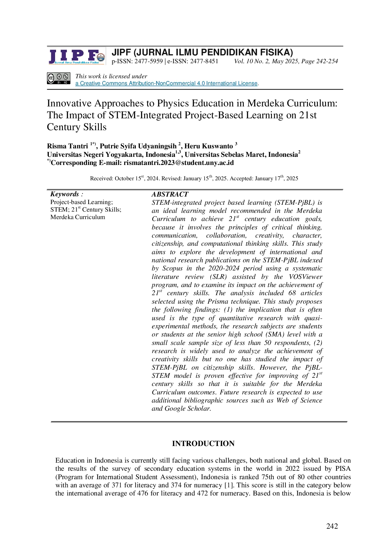 JURIS Innovative Approaches to Physics Education in Merdeka Curriculum The Impact of STEM Integrated Project Based Learning on 21st Century Skills