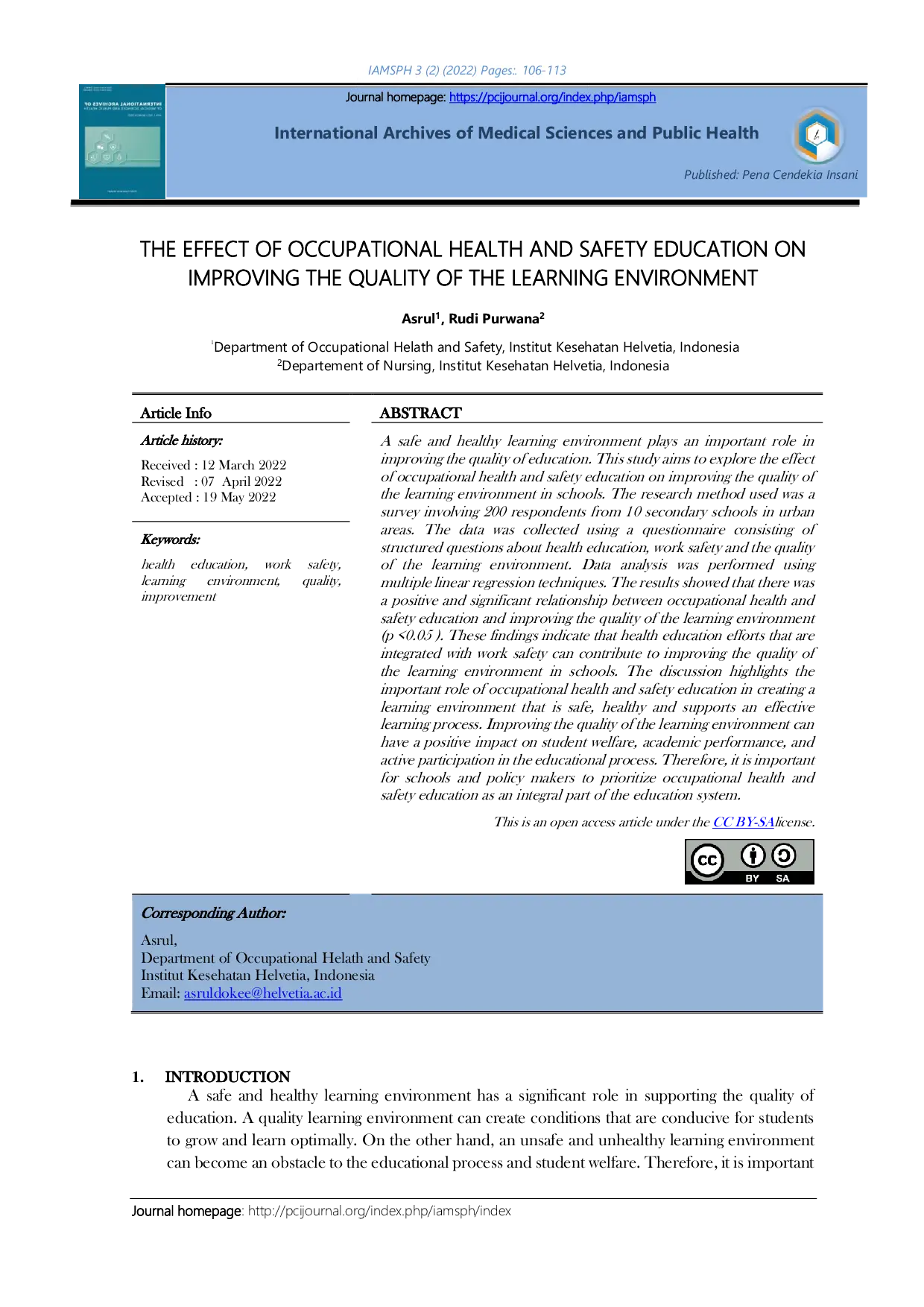 JURIS TThe Effect of Occupational Health and Safety Education on Improving The Quality of The Learning Environment