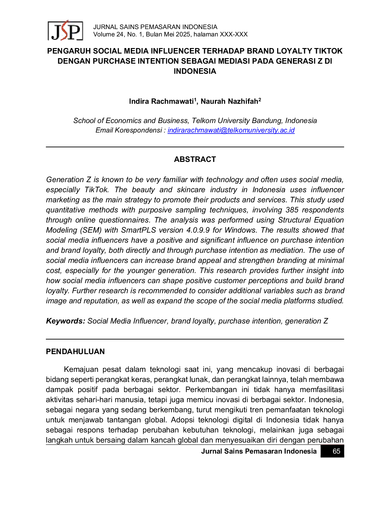 JURIS Pengaruh Social Media Influencer terhadap Brand Loyalty Tiktok dengan Purchase Intention sebagai Mediasi pada Generasi Z di Indonesia
