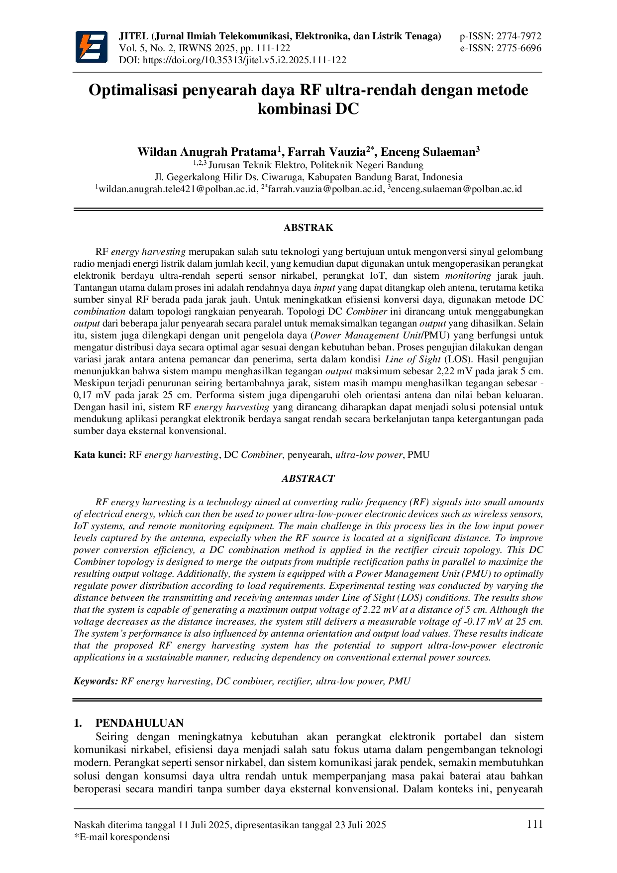 JURIS Optimalisasi penyearah daya RF ultra rendah dengan metode kombinasi DC