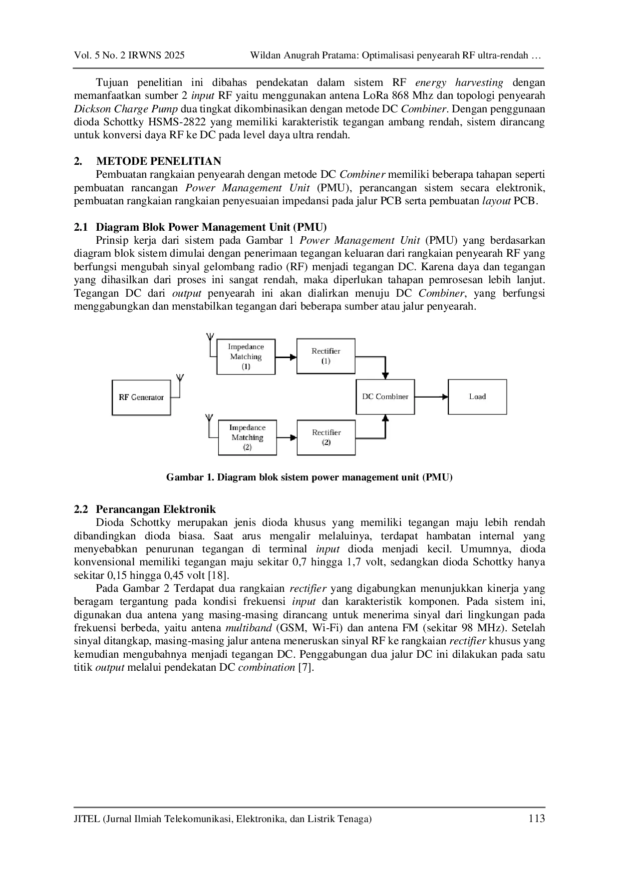 JURIS Optimalisasi penyearah daya RF ultra rendah dengan metode kombinasi DC
