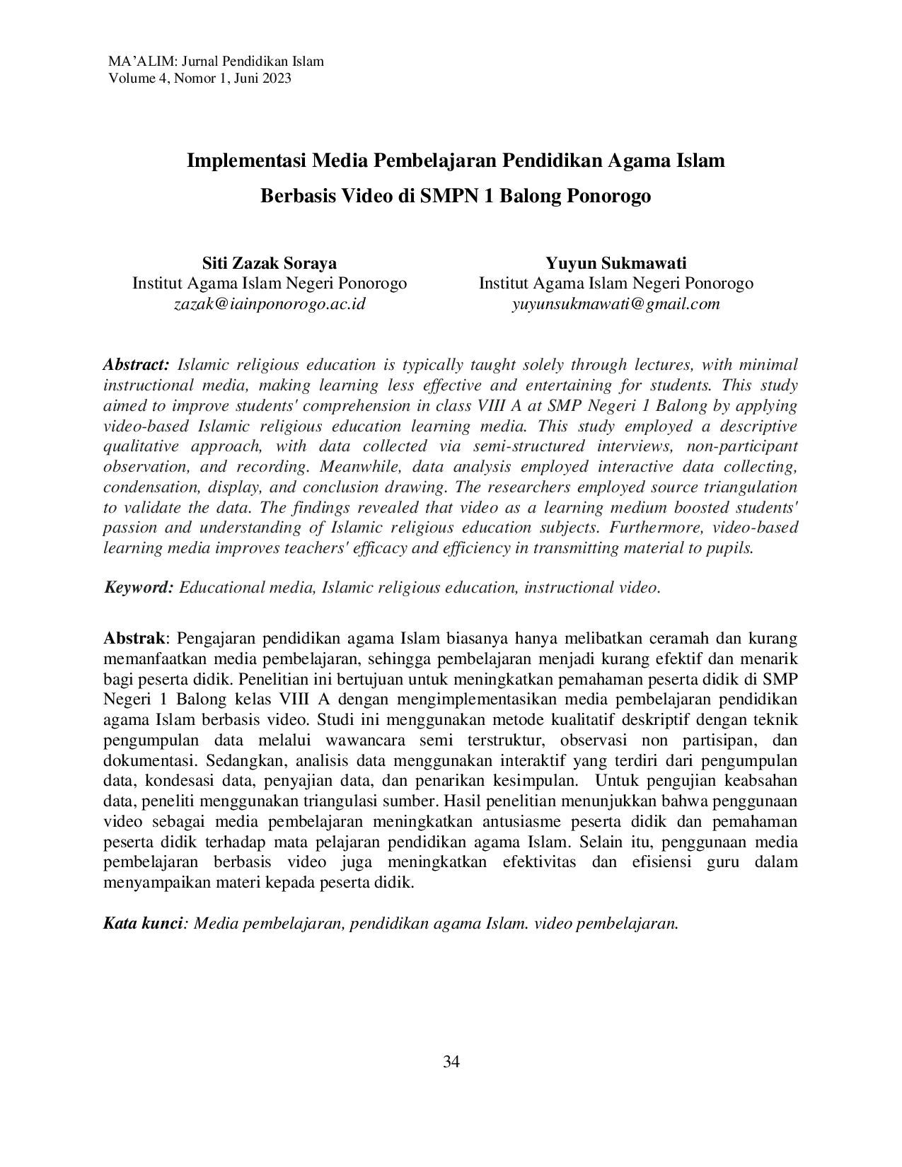 JURIS Implementasi Media Pembelajaran Pendidikan Agama Islam Berbasis Video di SMPN 1 Balong Ponorogo