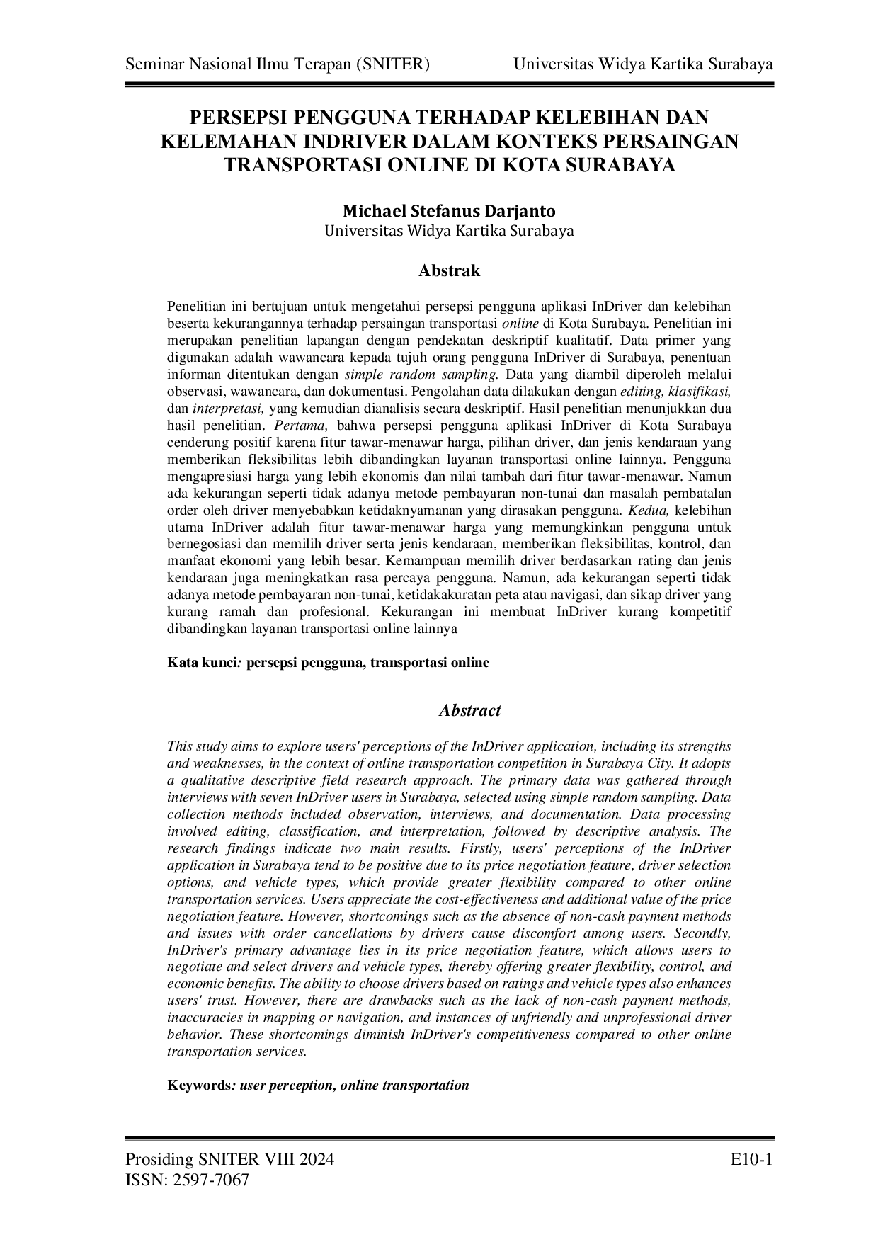 JURIS Persepsi Pengguna Terhadap Kelebihan dan Kelemahan Indriver Dalam Konteks Persaingan Transportasi Online di Kota Surabaya