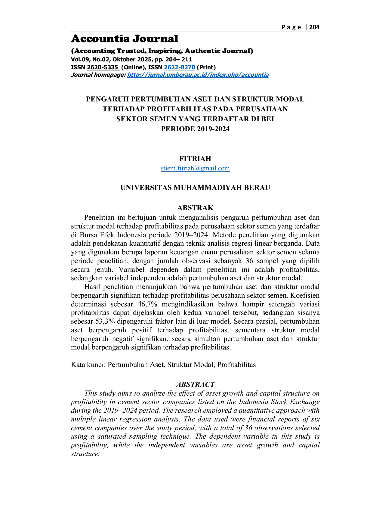 JURIS Pengaruh Pertumbuhan Aset dan Struktur Modal Terhadap Profitabilitas Pada Perusahaan Sektor Semen Yang Terdaftar Di Bei Periode 2019 2024