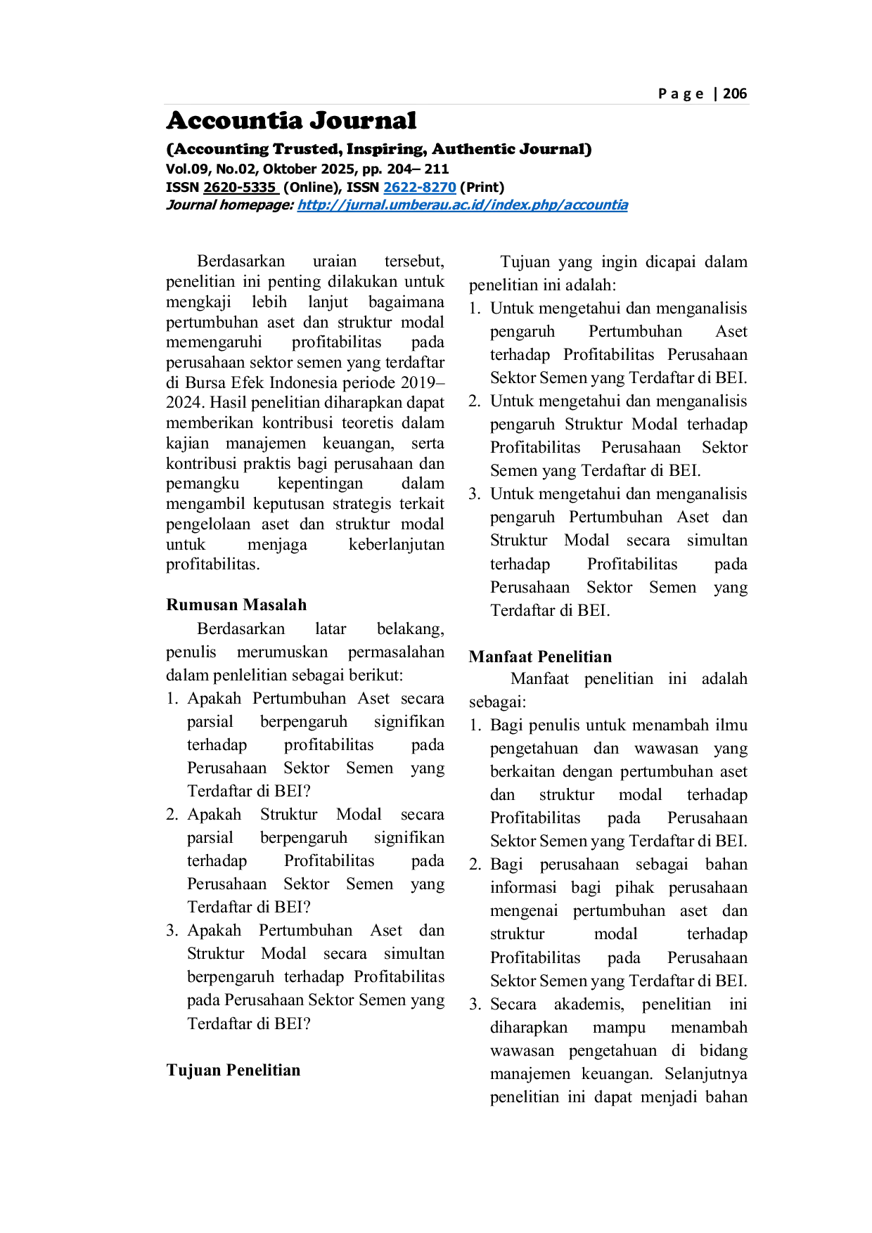 JURIS Pengaruh Pertumbuhan Aset dan Struktur Modal Terhadap Profitabilitas Pada Perusahaan Sektor Semen Yang Terdaftar Di Bei Periode 2019 2024