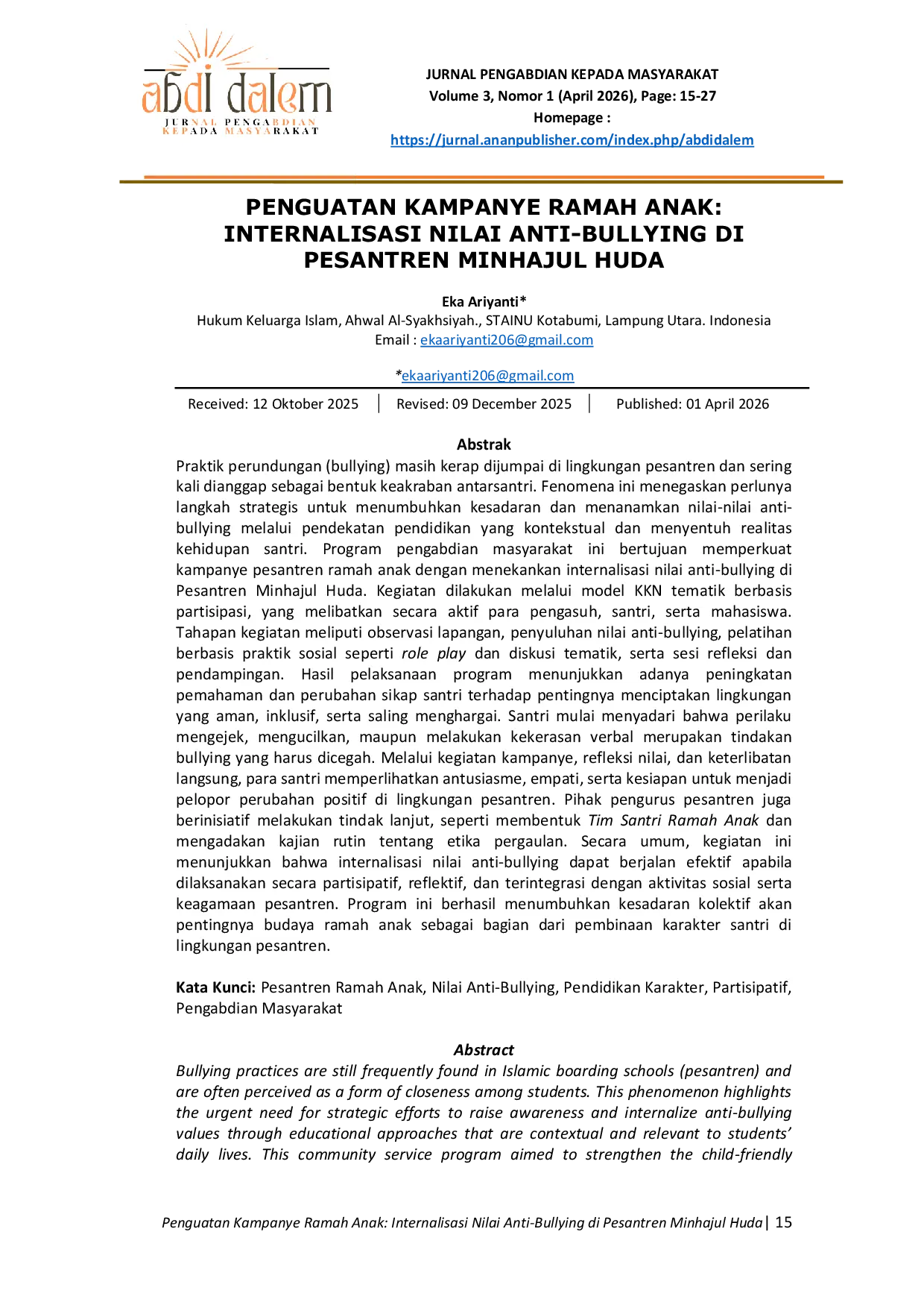 JURIS Penguatan Kampanye Ramah Anak Internalisasi Nilai Anti Bullying di Pesantren Minhajul Huda