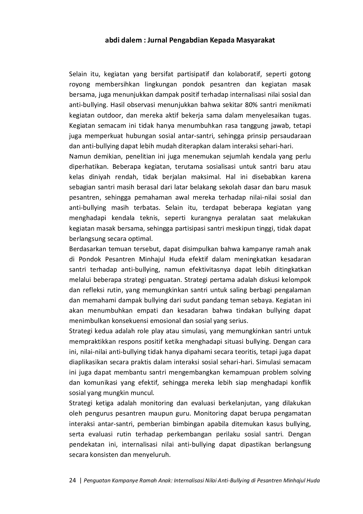 JURIS Penguatan Kampanye Ramah Anak Internalisasi Nilai Anti Bullying di Pesantren Minhajul Huda