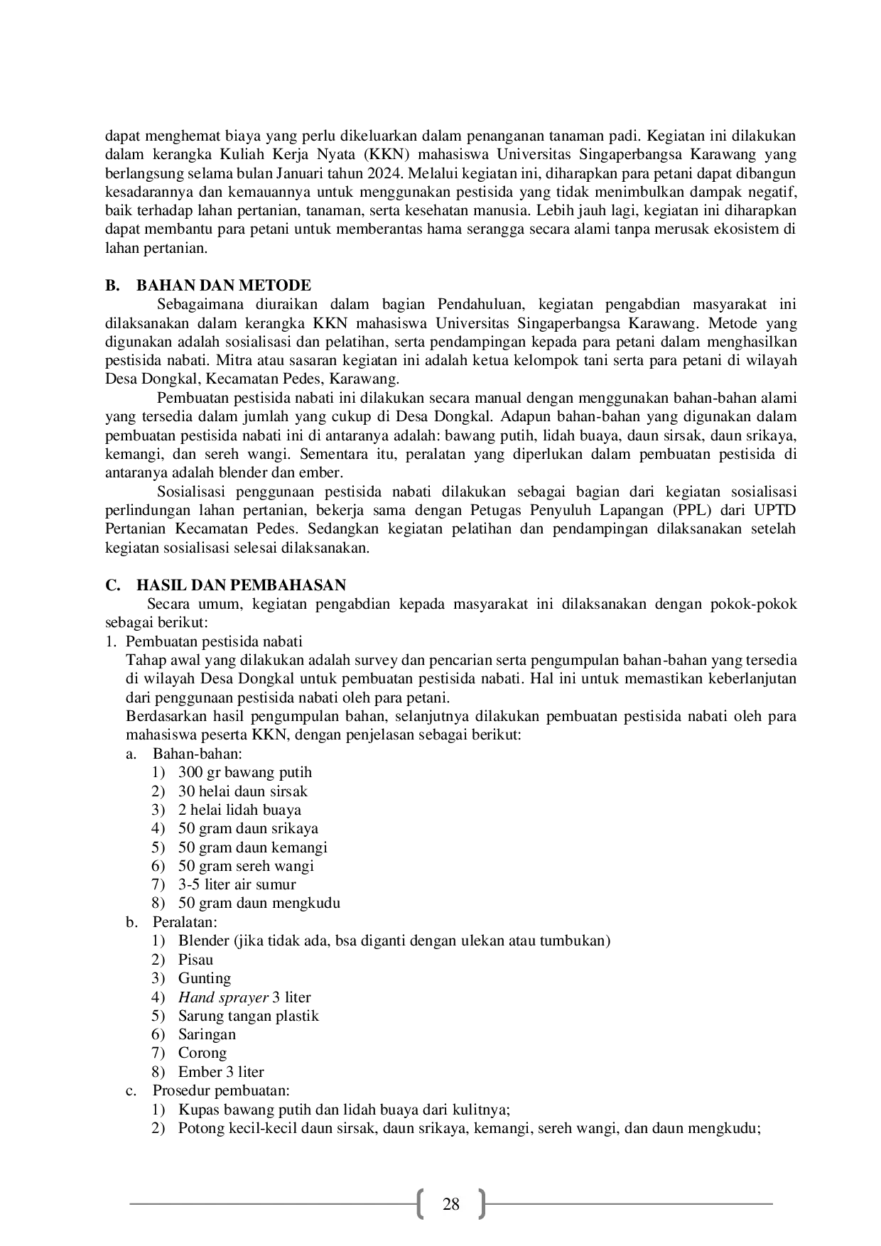 JURIS Sosialisasi Penggunaan Pestisida Nabati untuk Para Petani Desa Dongkal Pedes Karawang Jawa Barat