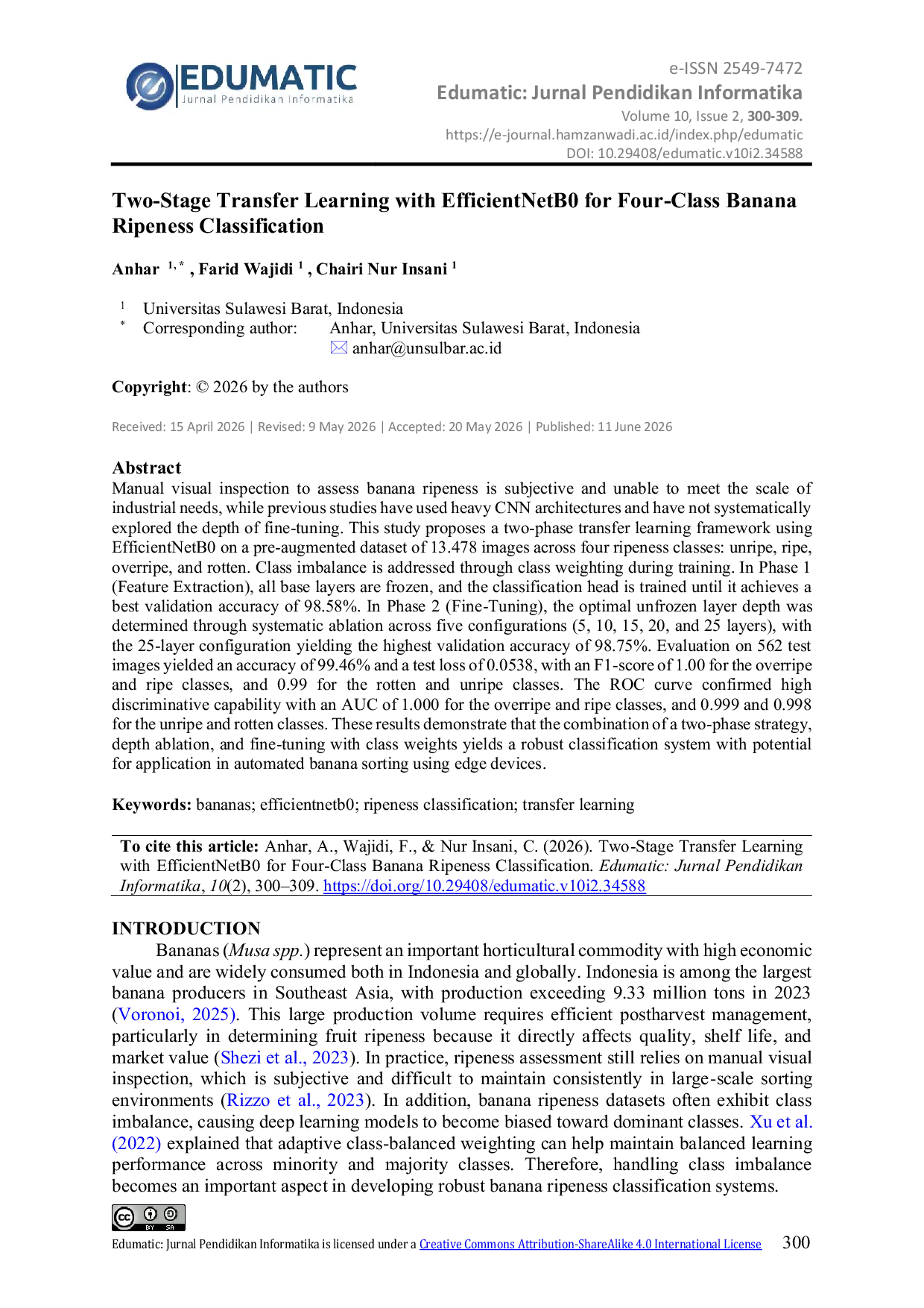 JURIS Two Stage Transfer Learning with EfficientNetB0 for Four Class Banana Ripeness Classification