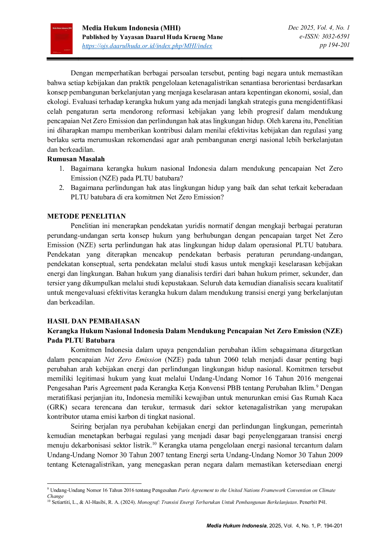 JURIS Analisis Yuridis Kerangka Hukum Pencapaian Net Zero Emission Mengenai Perlindungan Hak atas Lingkungan Hidup terhadap Operasional PLTU Batubara di Indonesia