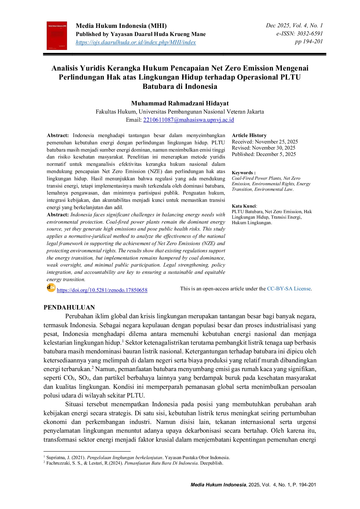 JURIS Analisis Yuridis Kerangka Hukum Pencapaian Net Zero Emission Mengenai Perlindungan Hak atas Lingkungan Hidup terhadap Operasional PLTU Batubara di Indonesia