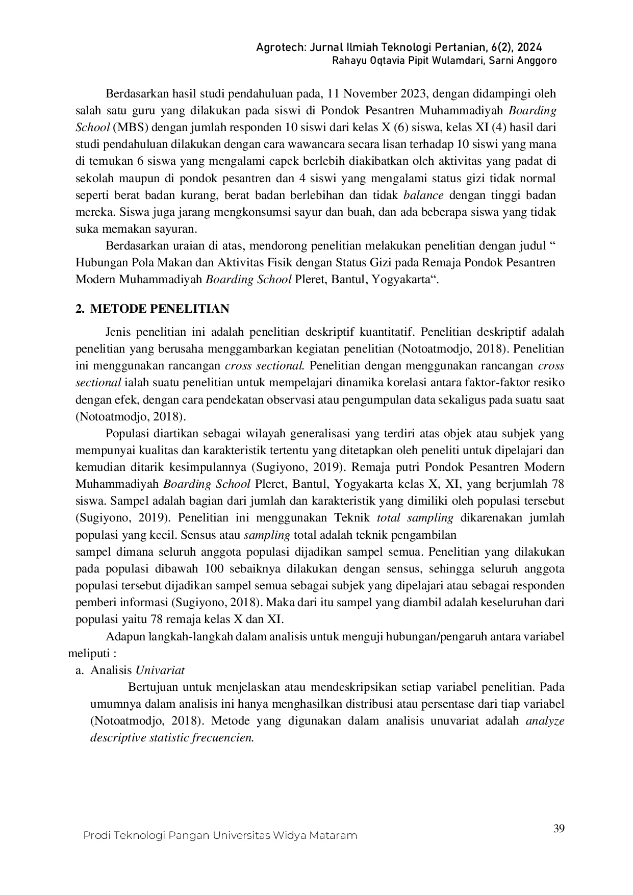 JURIS Hubungan Pola Makan dan Aktivitas Fisik dengan Status Gizi Remaja di Muhammadiyah Boarding School Yogyakarta