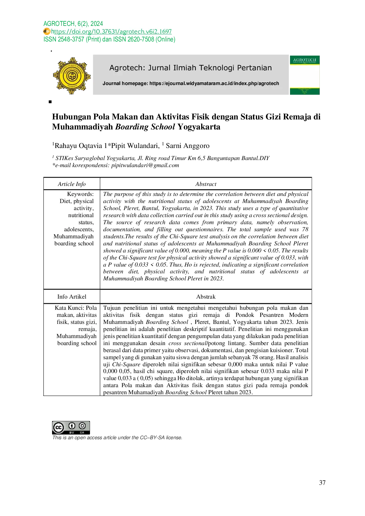 JURIS Hubungan Pola Makan dan Aktivitas Fisik dengan Status Gizi Remaja di Muhammadiyah Boarding School Yogyakarta