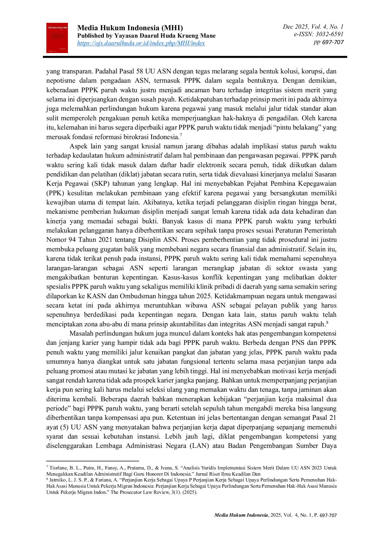 JURIS Perlindungan Hukum bagi Pegawai Pemerintah dengan Perjanjian Kerja PPPK Paruh Waktu dalam Sistem Kepegawaian di Indonesia