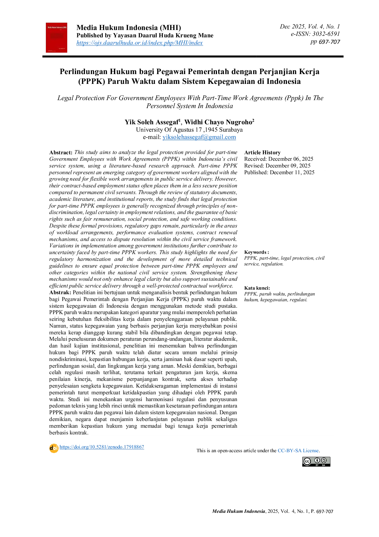 JURIS Perlindungan Hukum bagi Pegawai Pemerintah dengan Perjanjian Kerja PPPK Paruh Waktu dalam Sistem Kepegawaian di Indonesia