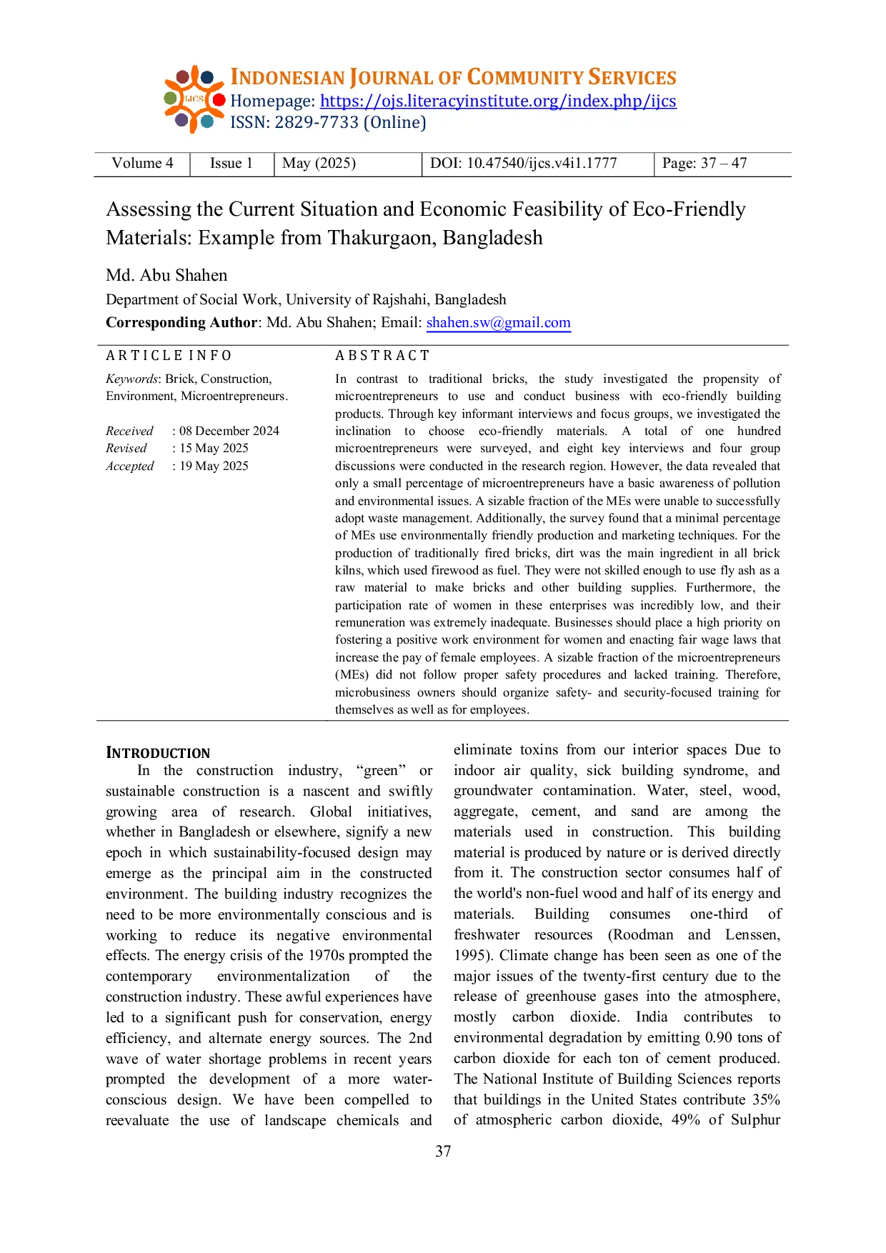 JURIS Assessing the Current Situation and Economic Feasibility of Eco Friendly Materials Example from Thakurgaon Bangladesh