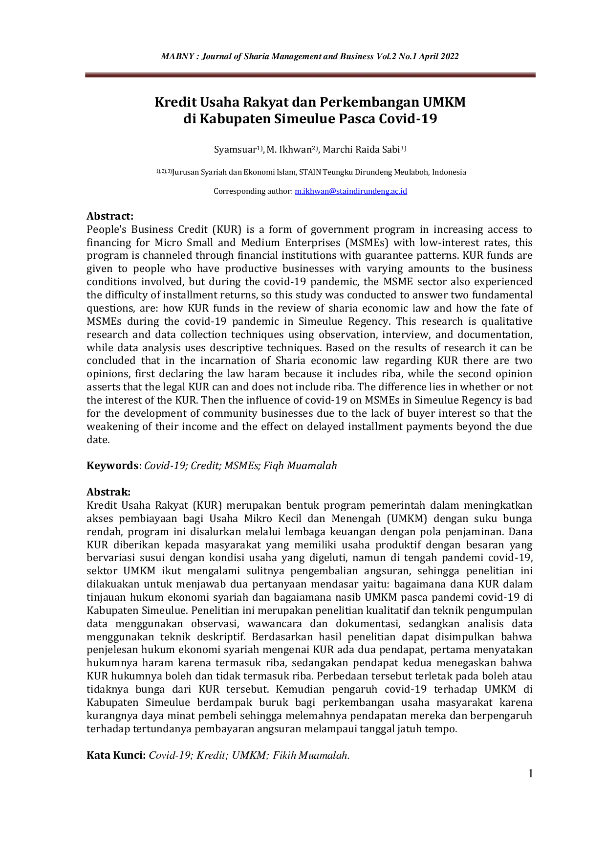 JURIS Kredit Usaha Rakyat dan Perkembangan UMKM di Kabupaten Simeulue Pasca Covid 19
