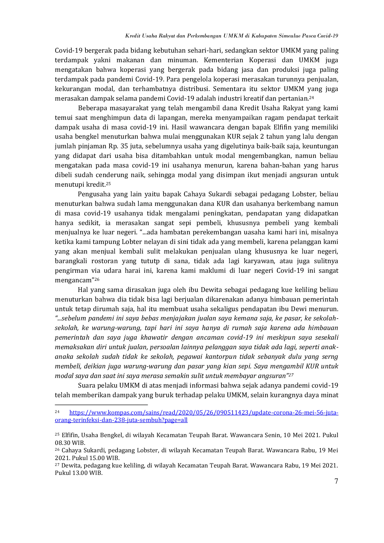JURIS Kredit Usaha Rakyat dan Perkembangan UMKM di Kabupaten Simeulue Pasca Covid 19